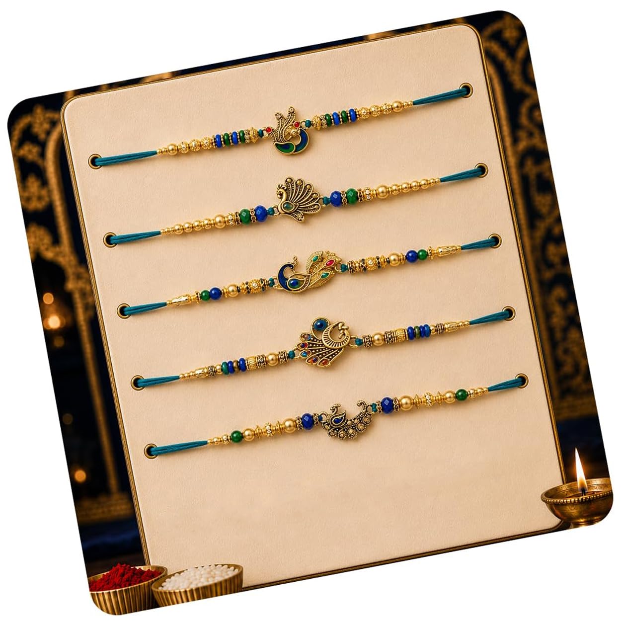 Peacock Rakhi Set of 6 for Brother, Premium Religious Rakhi for Brother Men Boy Bhaiya Rakshabandhan Rakhis with Best Wishes Card and Tilakk Set Traditional Thread Raki for Cousin Family-image-20