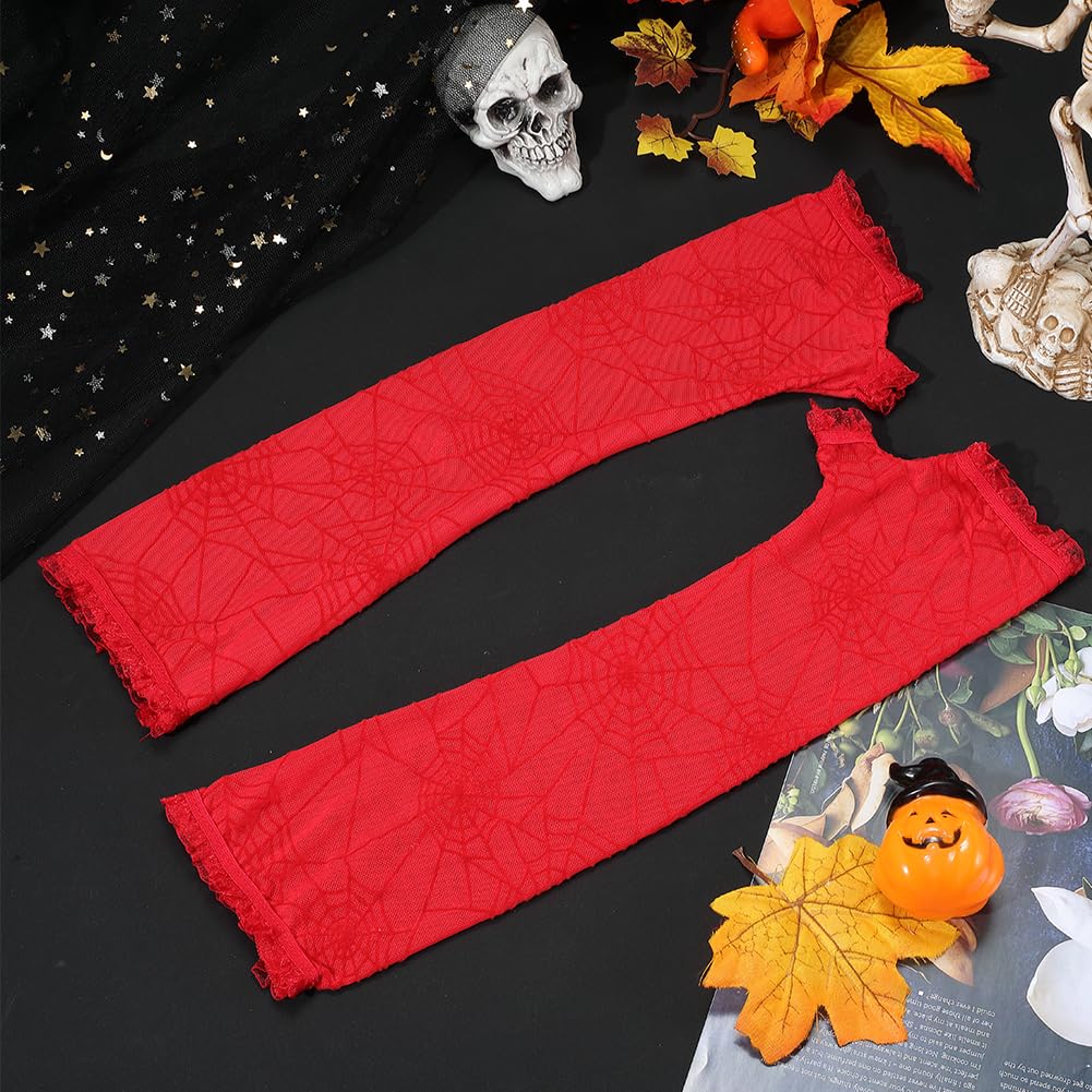 CABODYALS Red Mesh Gothic Fingerless Gloves Womens Spider Web Halloween Arm Sleeves Sheer Long Goth Punk Spiderweb Trendy Lace witch Ripped Arm Warmers for Women Costume Cosplay Party Accessories - Image 3