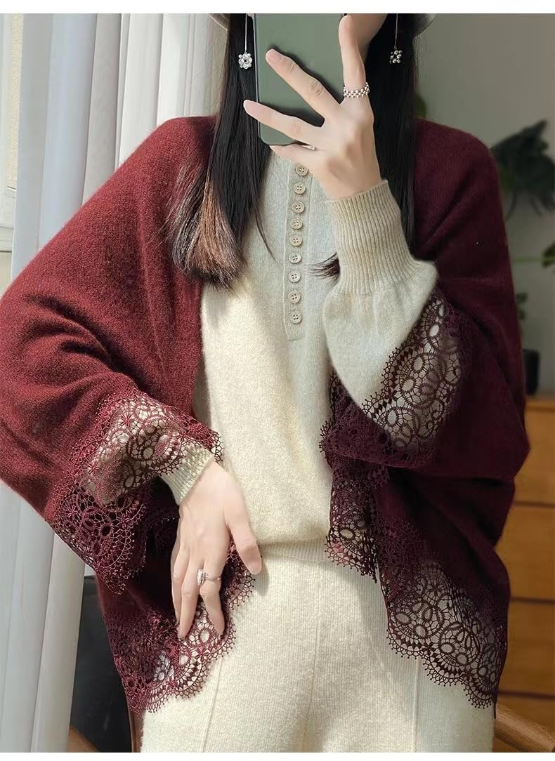 Poncho De Mujer,Chales Y Chales De Pashmina De Lana Para Mujer Cárdigans Ponchos De Punto Con Ribete De Encaje Y Empalme Elegante Bufanda De Cachemira Suave Con Mangas Suéter Abrigo De