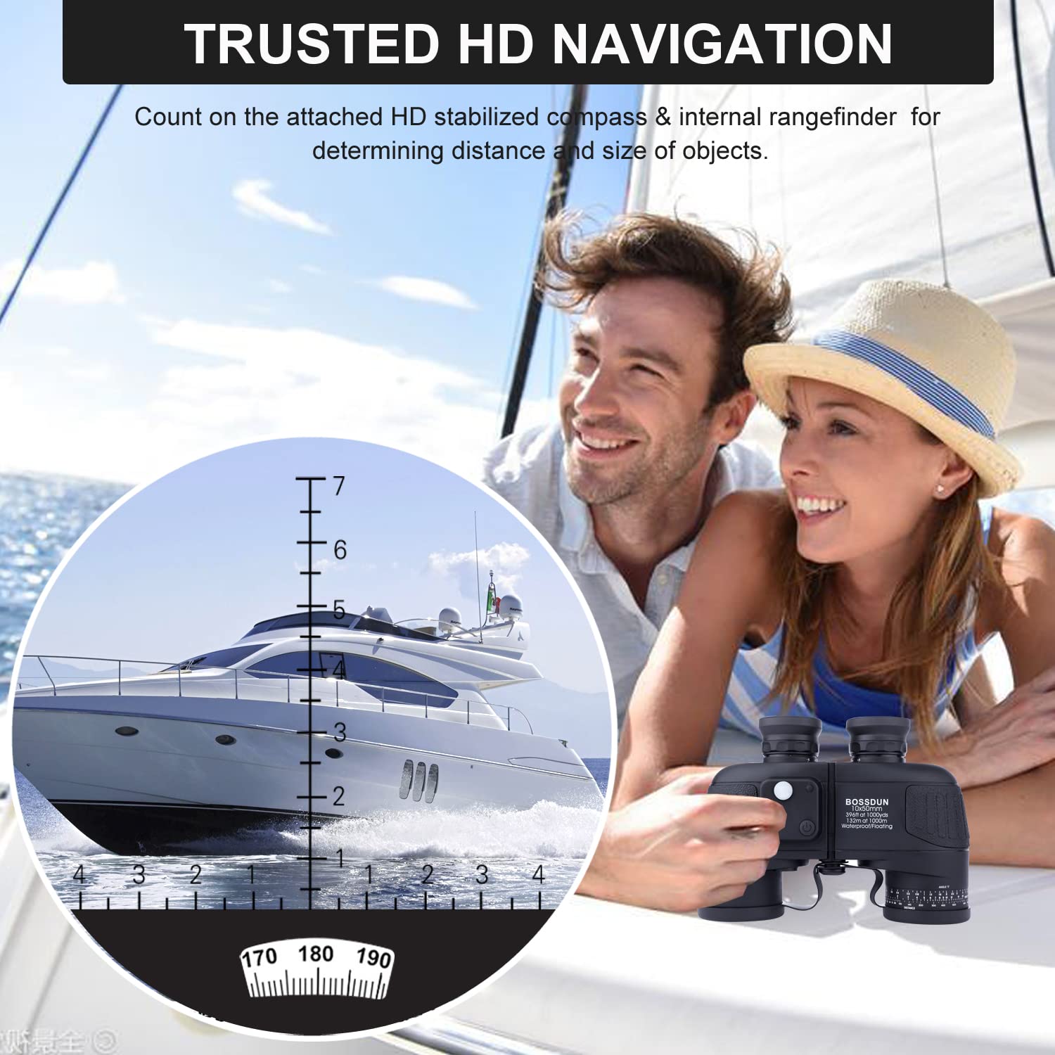 Jumelles Marines BOSSDUN 10x50 – Champ Large, étanches, Avec Boussole Et Télémètre, Pour Navigation Et Chasse
