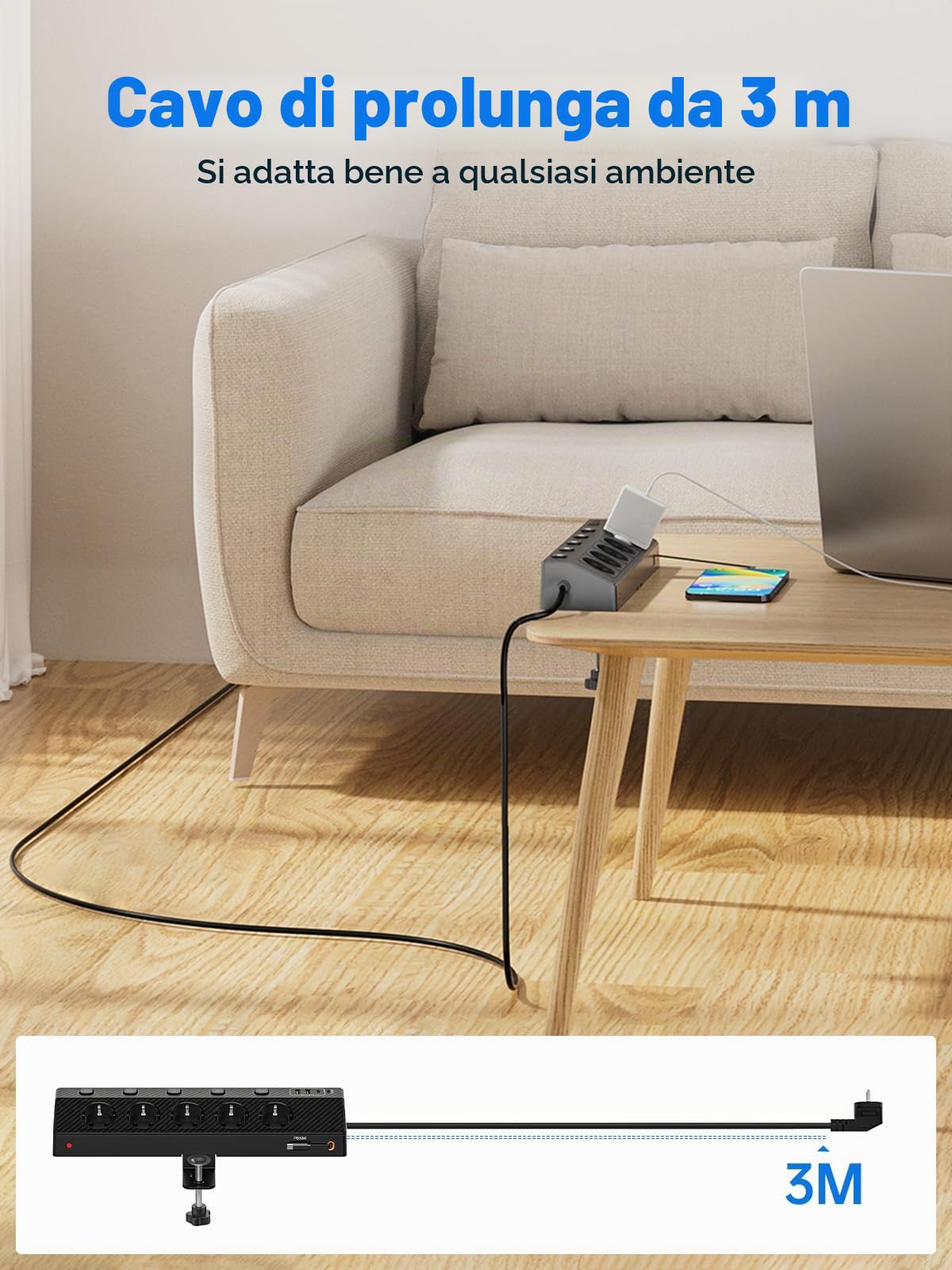 Ciabatta Multipresa con USB 30W, Scrivania Elettrica con 5 Prese, Multipresa Protezione Sovratensione con Interruttori Indipendenti e Prolunga Elettrica 3 Metri, 4000W Presa, Nero