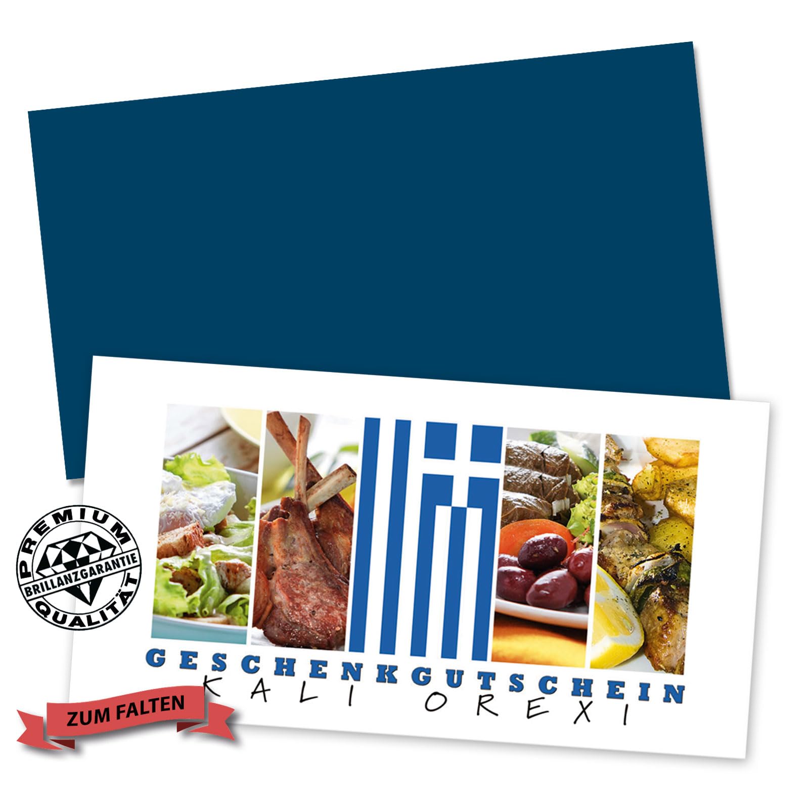 Faltgutscheine. 25x Gutschein + Kuvert. Für griechisches Restaurant mit glänzender Vorderseite.