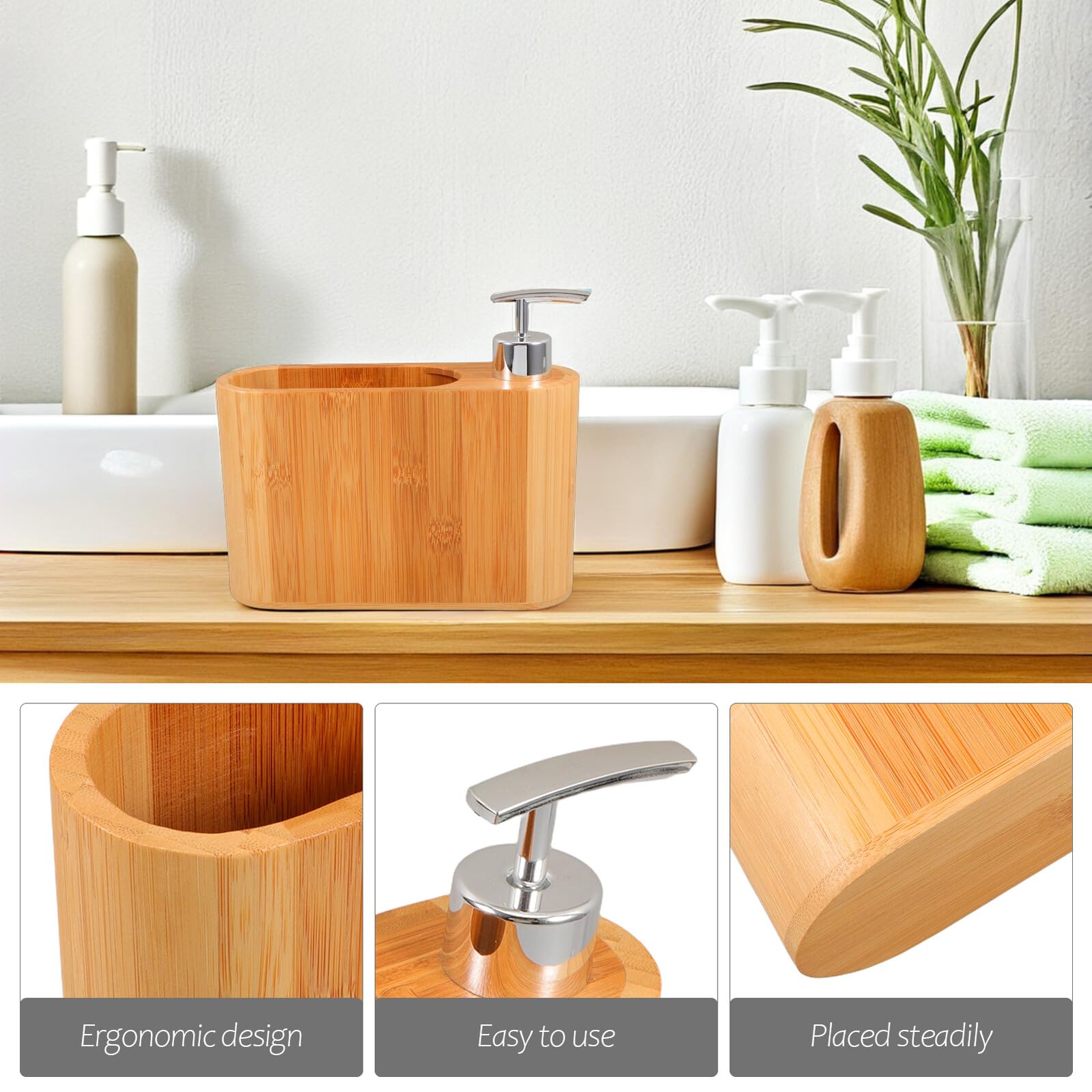 Dispensador de Jabón Recargable de Madera Ovalado Diseño Elegante para Baño y Uso Hogar, Multifuncional y Reutilizable