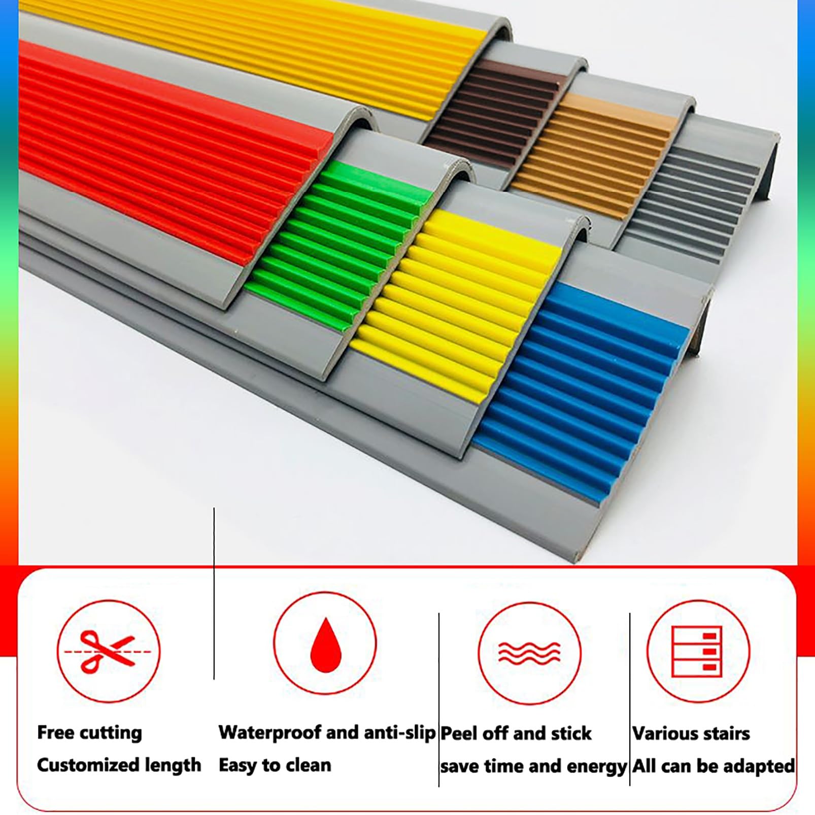 Nastro antiscivolo per bordi delle scale, in gomma vinilica adesiva per interni ed esterni, 6 x 3 cm, strisce antiscivolo per gradini per scale, impugnatura di sicurezza per scale