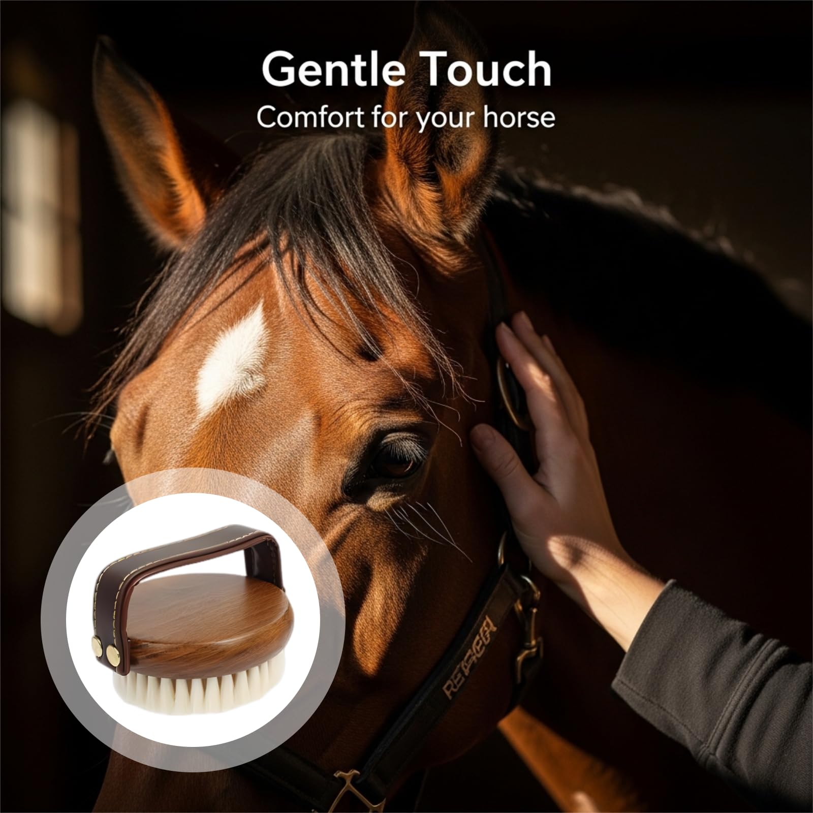 Cepillo para caballos de madera con mango de piel, cerdas suaves para eliminar la suciedad, cepillo compacto para cara y cuerpo, accesorios para el cuidado de los caballos