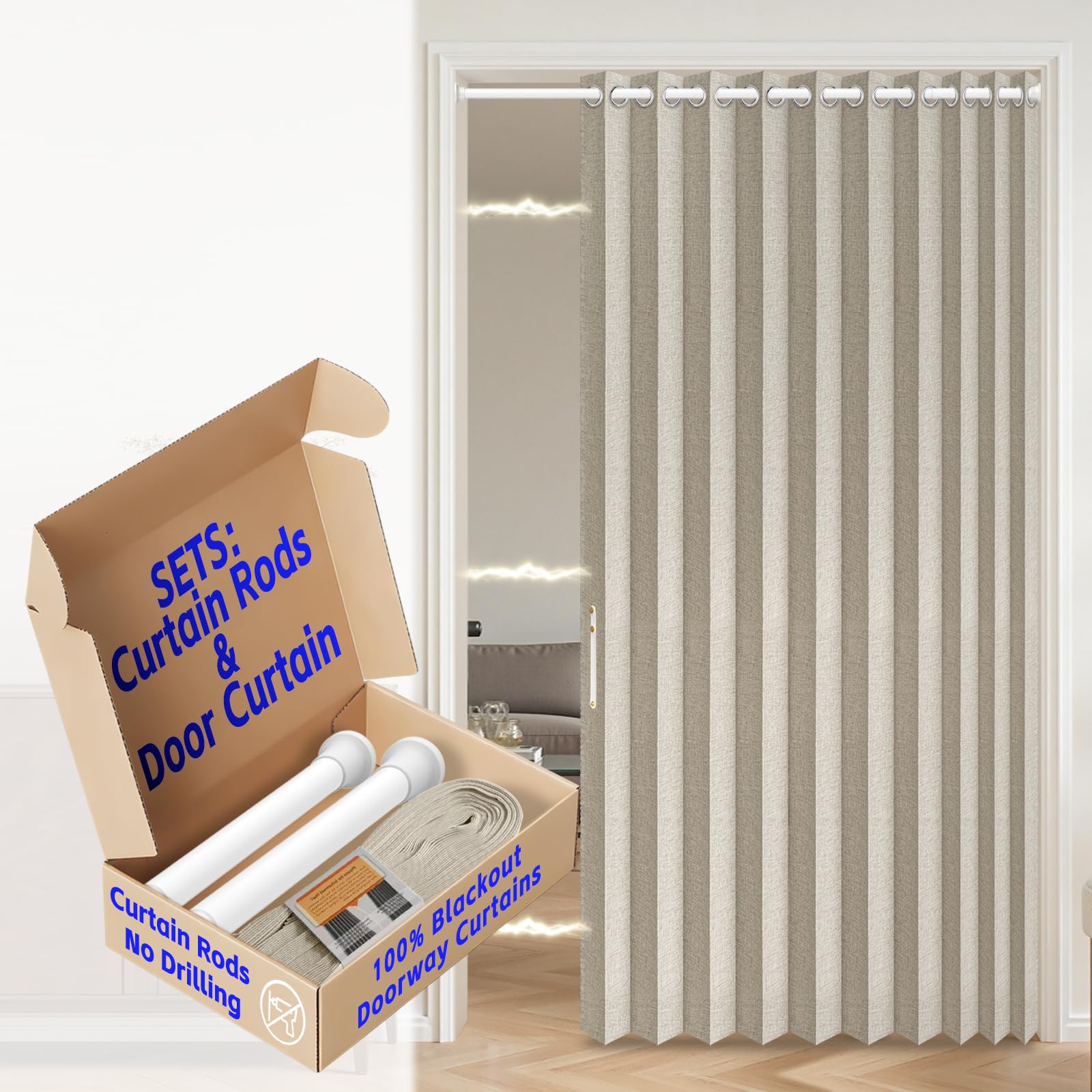 AJAZZ Blackout Accordion Door Curtain with Curtain Rods Adjustable 28-52" Long, Invisible Magnetic Door Curtain for Bedroom Living Room Doorway Curtains Set, 1 Pack, W55 x L80 in, Cream White