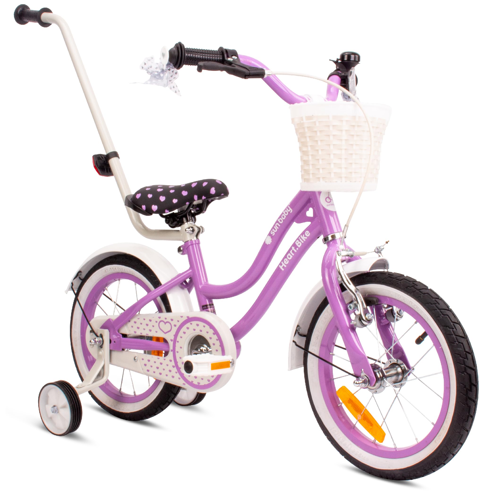 Sun Baby Heart Bike Bicicletta bambina 12/14/16 pollici, bici con rotelle, barra di spinta, cestino, campanello
