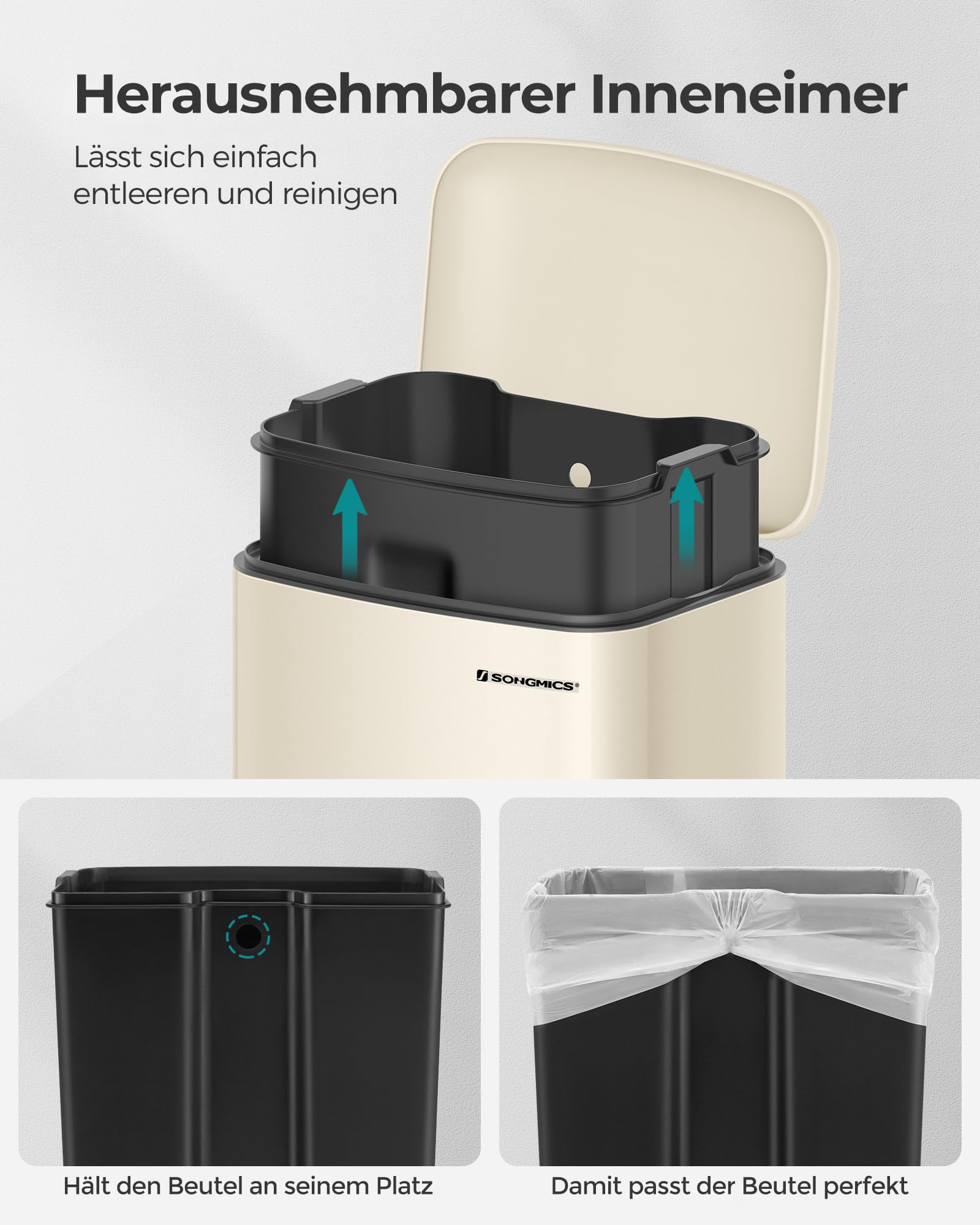 SONGMICS Abfalleimer 30 l Stahl Pedal Küche Wolkenweiß LTB001A01