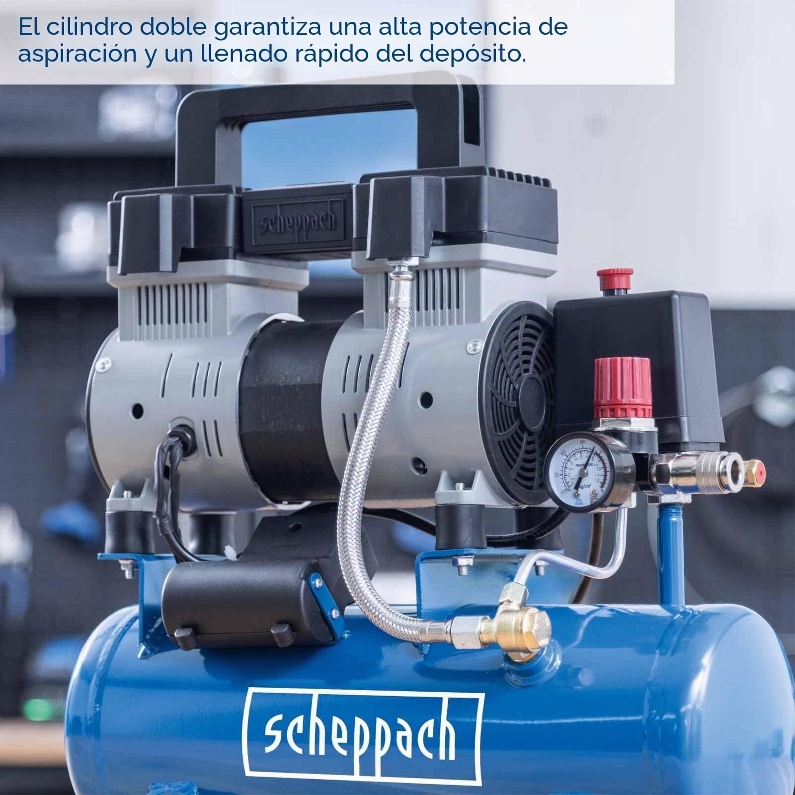 Scheppach HC08Si Compresor ultra silencioso | 8bar | 6L | 1,5CV / 1100W | Libre de aceite y mantenimiento reducido | Flujo de succión 162 L/min | Compresor silencioso