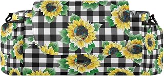 CUPADA Spring Natural Sunflowers Universal Stroller Organizer with Cup Holders, Vintage Black White Check Stroller Organizer Bag and Removable Shoulder Strap Fits Most Baby and Pet Strollers