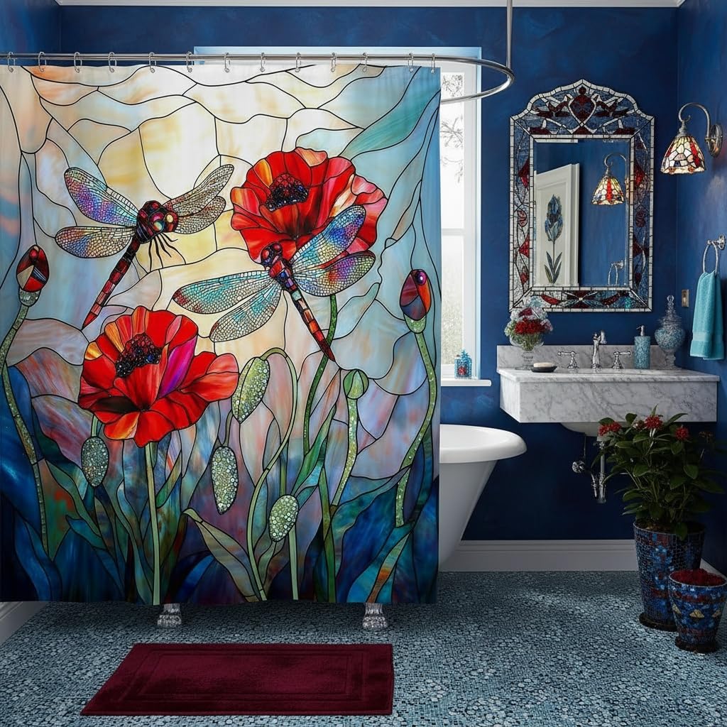 Rideau de douche coquelicot rouge lavable en machine 183x198 cm grand format étanche motif fleurs