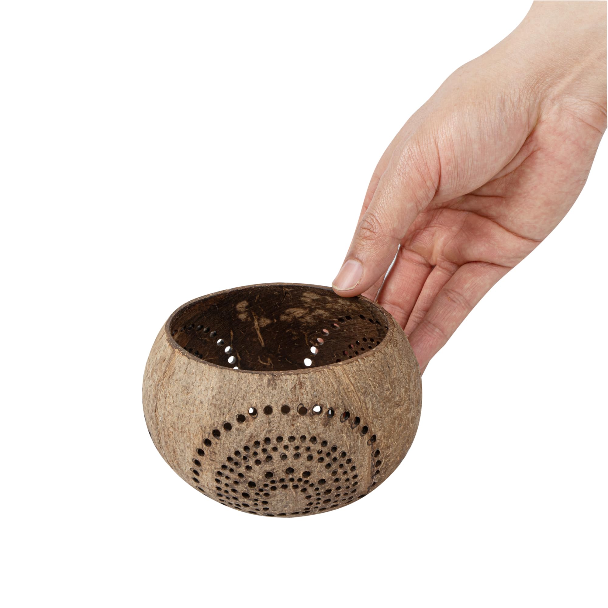 Restaurantware Coco Casa Kerzenhalter aus Kokosnussschale, 10 x 8,4 cm, 10 Wiederverwendbare Teelichthalter, Kerze Nicht im Lieferumfang enthalten, Regenbogenmuster, hellbraune Kokosnussschalen für