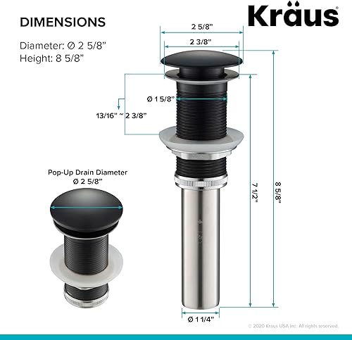 Miniatura 55 de KRAUS Desagüe emergente para lavabo de baño con rosca extendida para encimeras más gruesas y fregaderos de vidrio en acero inoxidable sin manchas