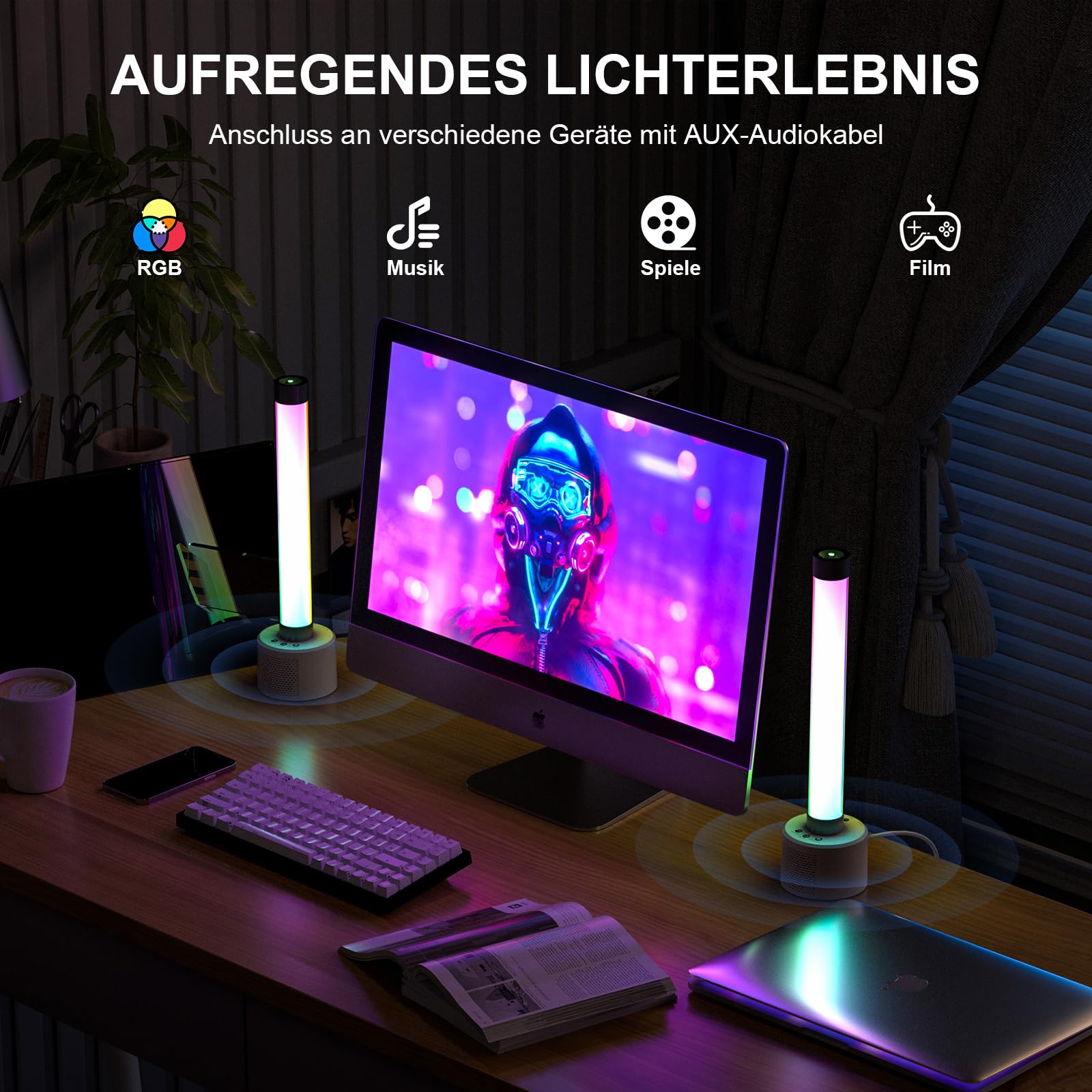 ZonQoonz 360° RGBW LED Light Bar con Altoparlanti, 34 cm Gaming Barra Luminosa con Bluetooth e Sincronizzazione Musica, Barra Luminosa Ritmica per Film PC TV Juego Decorazione