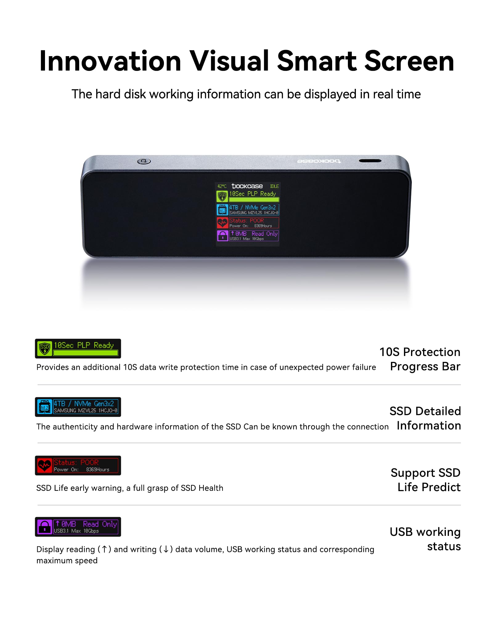 Visual Smart NVMe SSD Enclosure (con custodia in silicone nero), supporta PLP 10s, USB 3.2 Gen 2 Type-C, compatibile con NVMe PCIe, 2230/2242/2260/2280, supporta M-Key e B+M Key, UASP