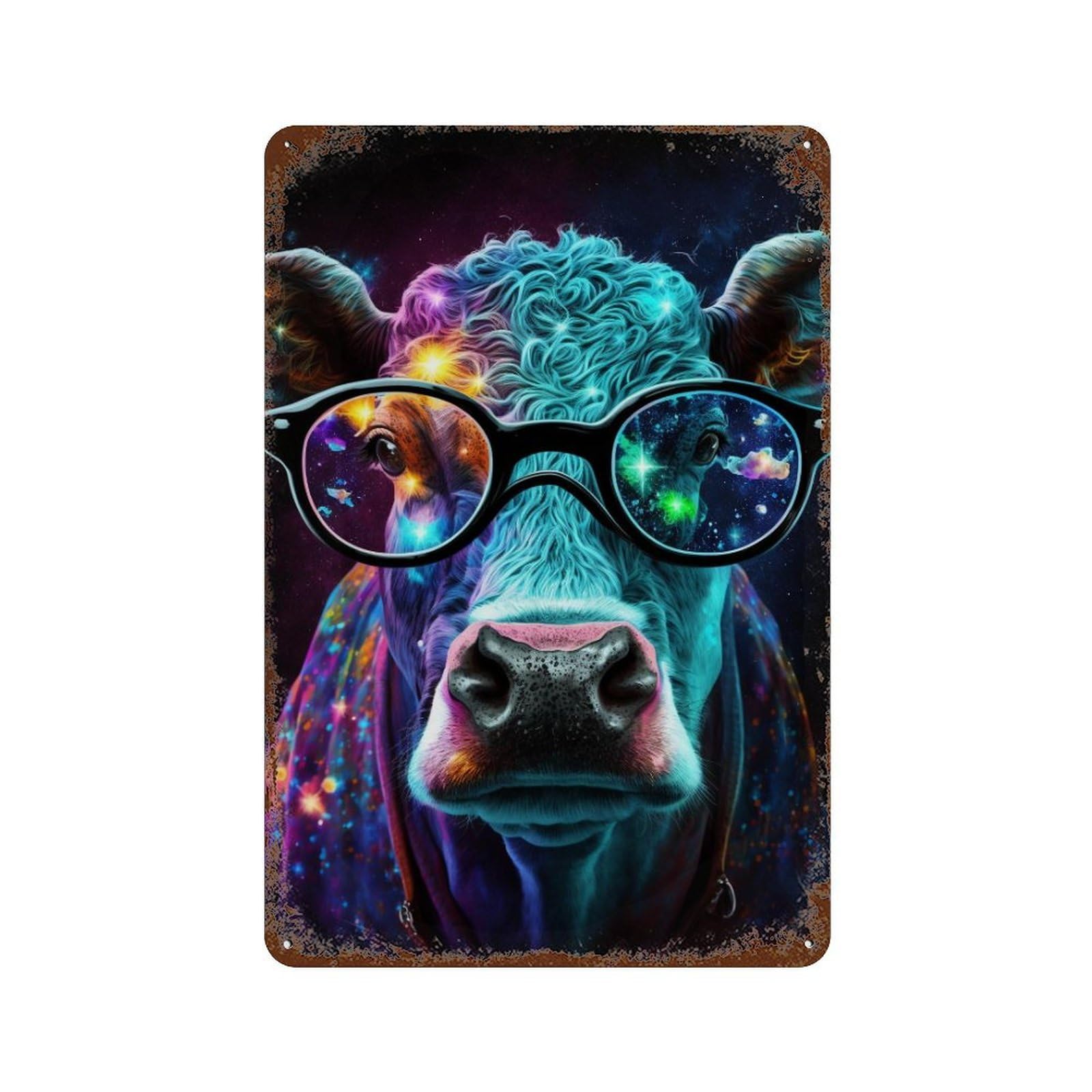 Cosmic Cow Glasses Art Print-1 Weathered Tin Sign 11.8"x7.9", for Shed, Workshop And Garage Wall Decor, Decorative Metal Wall Art