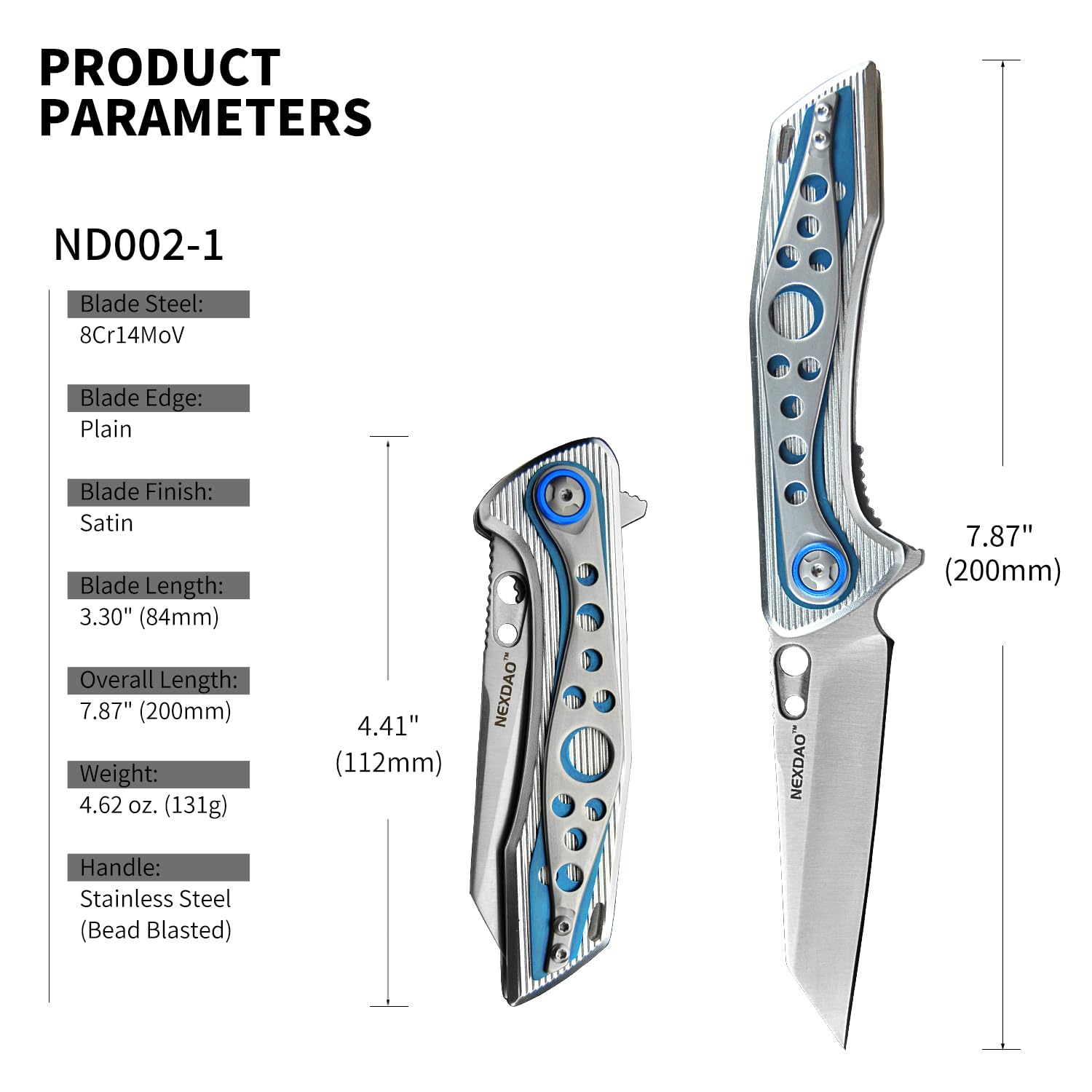 NEXDAO Folding Knife with 8Cr14MoV Blade Camping Pocket Knife With Aluminum and Steel Handle Hunting Knife with 2-Position Pocket Clip