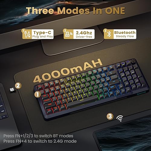 Miniatura 5 de Redragon Teclado mecánico inalámbrico, teclado RGB para juegos de 3 modos montado en juntas con perilla de volumen, interruptores lineales