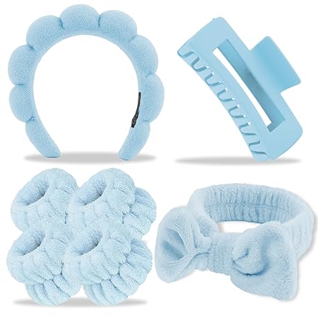 Canitor Spa Headband Wrist Bands Hair Clips Set Skincare Makeup Self Skin Care for Women Washing Face Teens Teenager Tween Clean Girl Gifts Cute Trendy Stuff Things Blue Stocking Stuffers