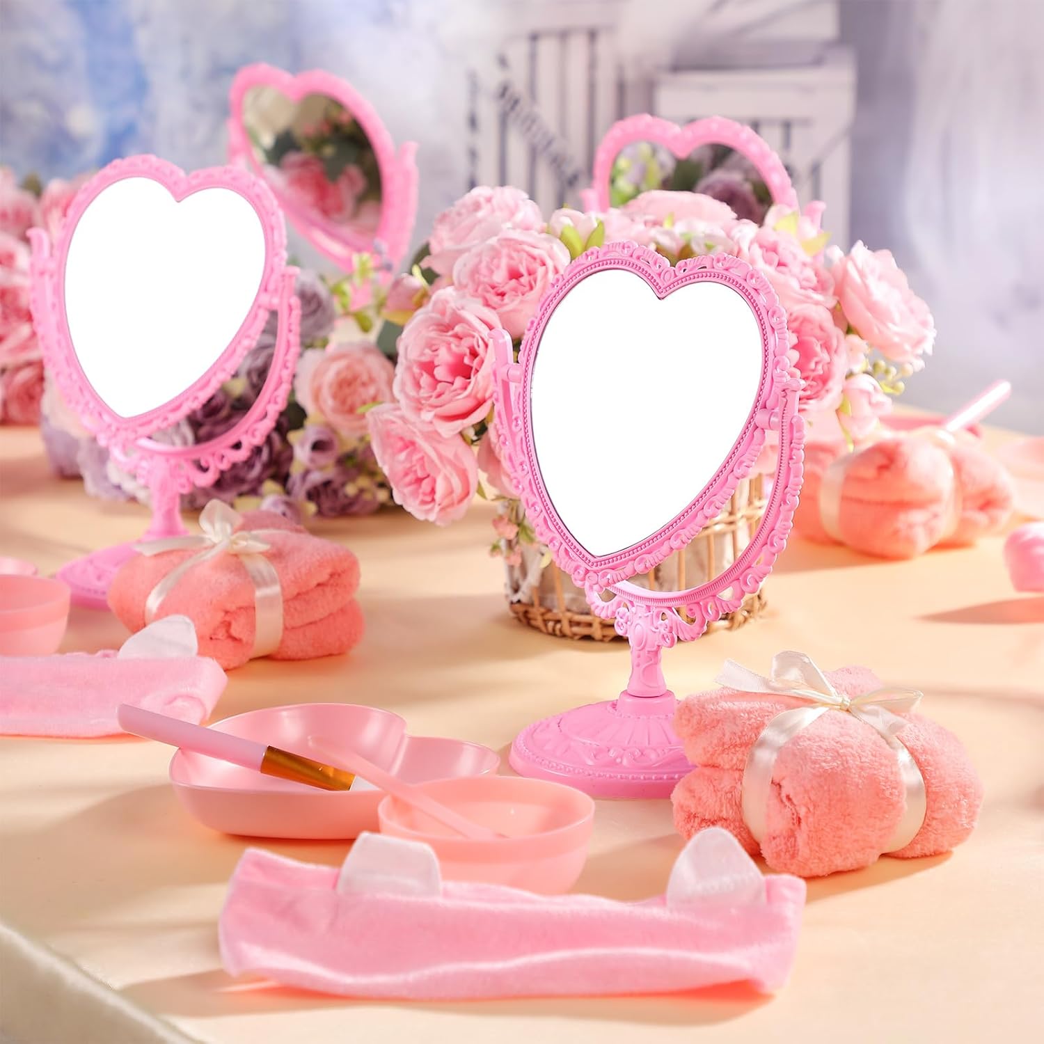 DoubleFill 8 Set Spa Party Supplies 8 Heart Shaped Mirrors 8 Silicone Face Mask Brushes 8 Face Mask Mixing Bowl 8 Headband 8 Spa Facial Towel 8 Heart Dish Bowls for Sleepover Slumber Party (Pink)
