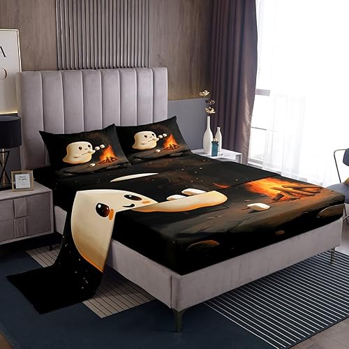jejeloiu Cartoon Ghost Sheet Set for Girls Boys Kids King Size S'More Marshmallo