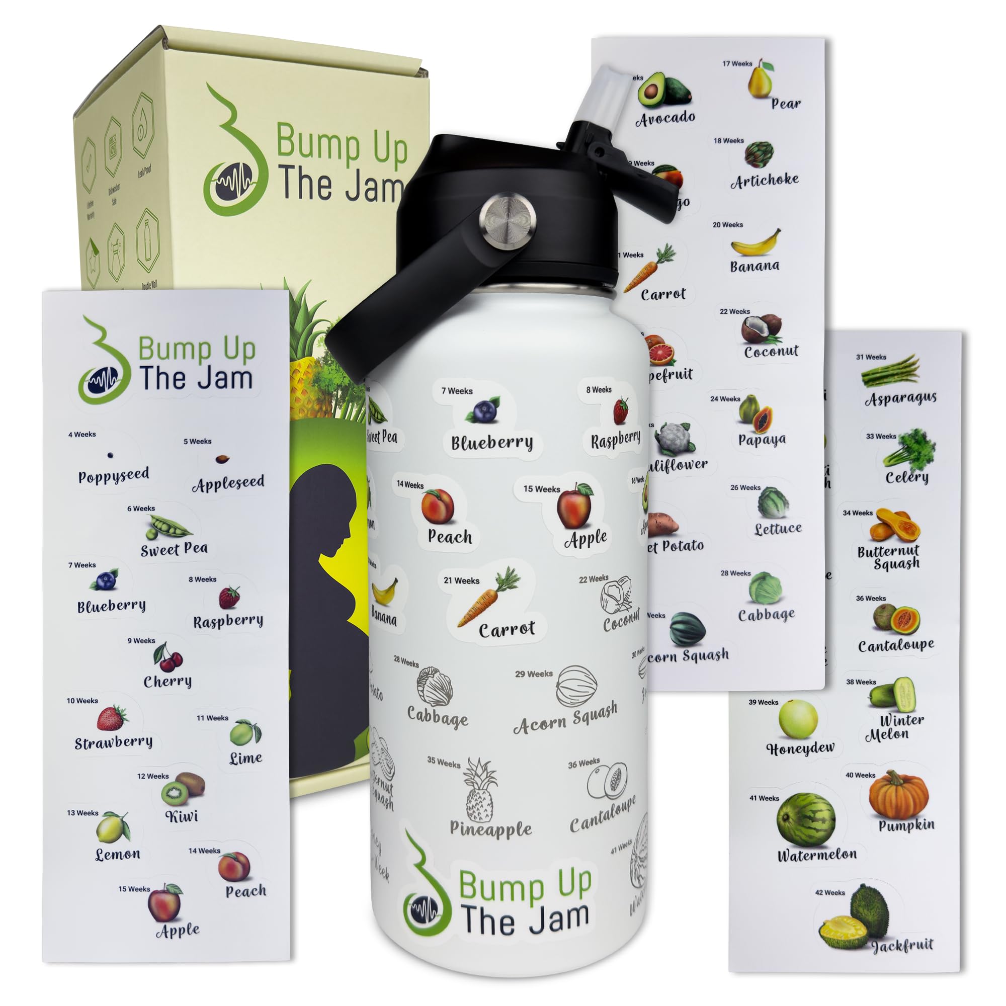 Bump Up The Jam Pregnancy Water Bottle Tracker - 32 ounce Stainless Steel - Includes Weekly Pregnancy Tracker Stickers (Frosted Pearl Color)