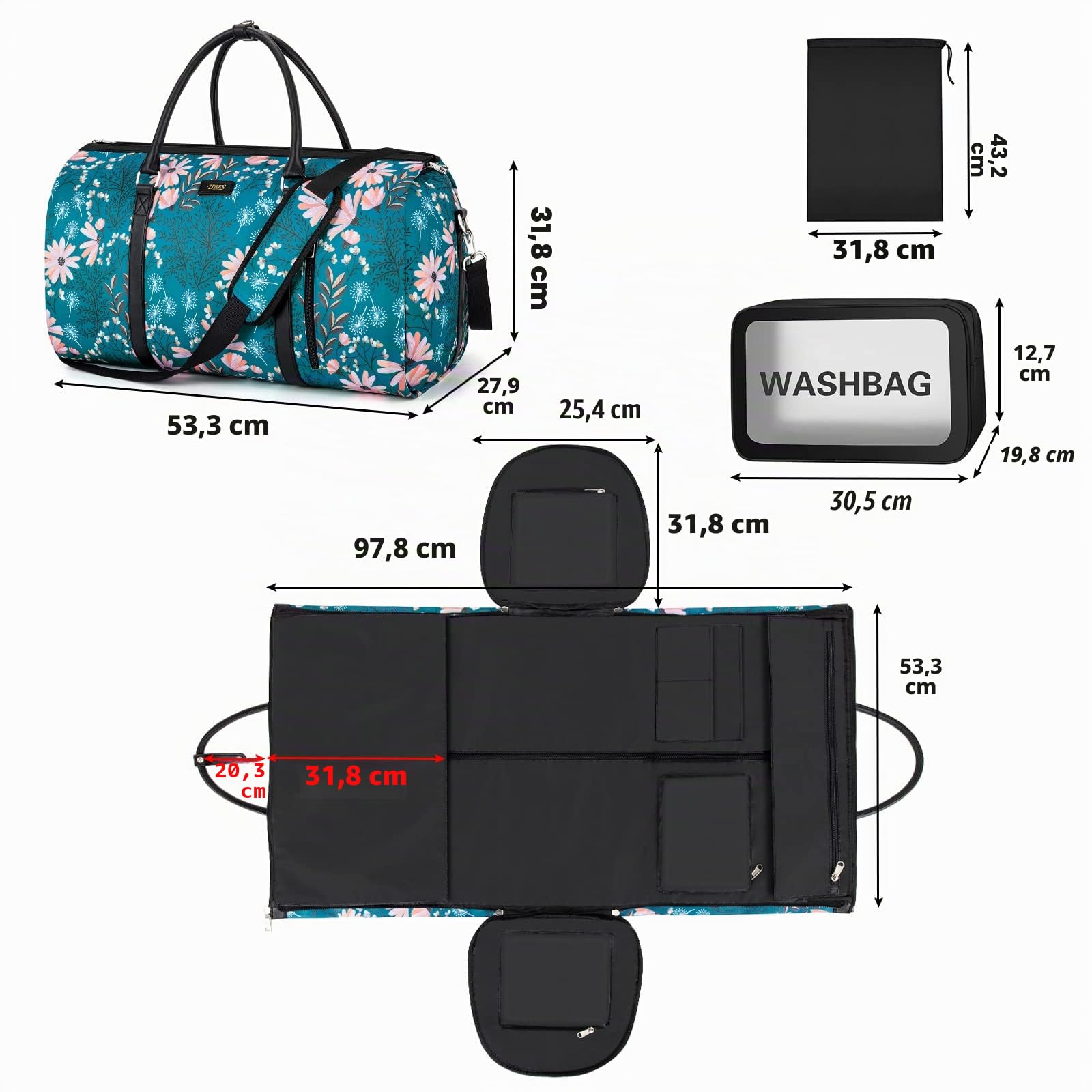 Kleidersack für Reisen mit Kulturbeutel, wandelbar, Handgepäck, Wochenendtasche, große Reisetasche, Reisetaschen für Damen, 2-in-1, zum Aufhängen, Koffer, Anzug, Reisetaschen für Damen und Herren,