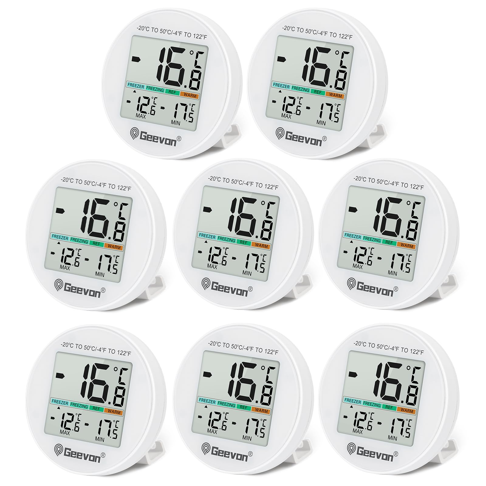 Geevon Kühlschrankthermometer, Digital Mini, IP65 Wasserfest, für Kühlschrank Gefrierschrank Innen Thermostat mit LCD Bildschirm, Ständer Magnetrückseite Max Min Aufzeichnung-mit Batterien (8724-8pcs)