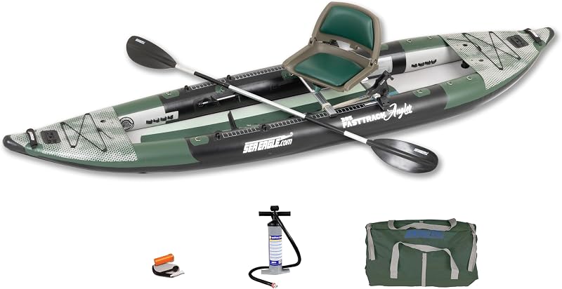 385FTA Fasttrack Angler 1–2-Person Inflatable Hunter Green Fishing Kayak-External Rigid Inflatable Keel, Rugged Hull Material, Non-Slip Padded Floor, Stitch Floor w/Seat(s), Paddle(s), Pump & Bag