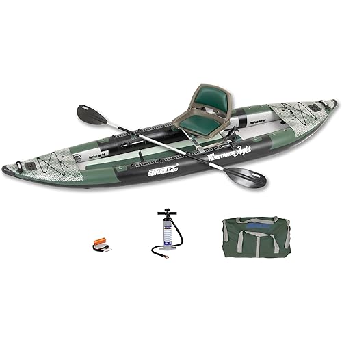 385FTA Fasttrack Angler 1–2-Person Inflatable Hunter Green Fishing Kayak-External Rigid Inflatable Keel, Rugged Hull Material, Non-Slip Padded Floor, Stitch Floor w/Seat(s), Paddle(s), Pump & Bag