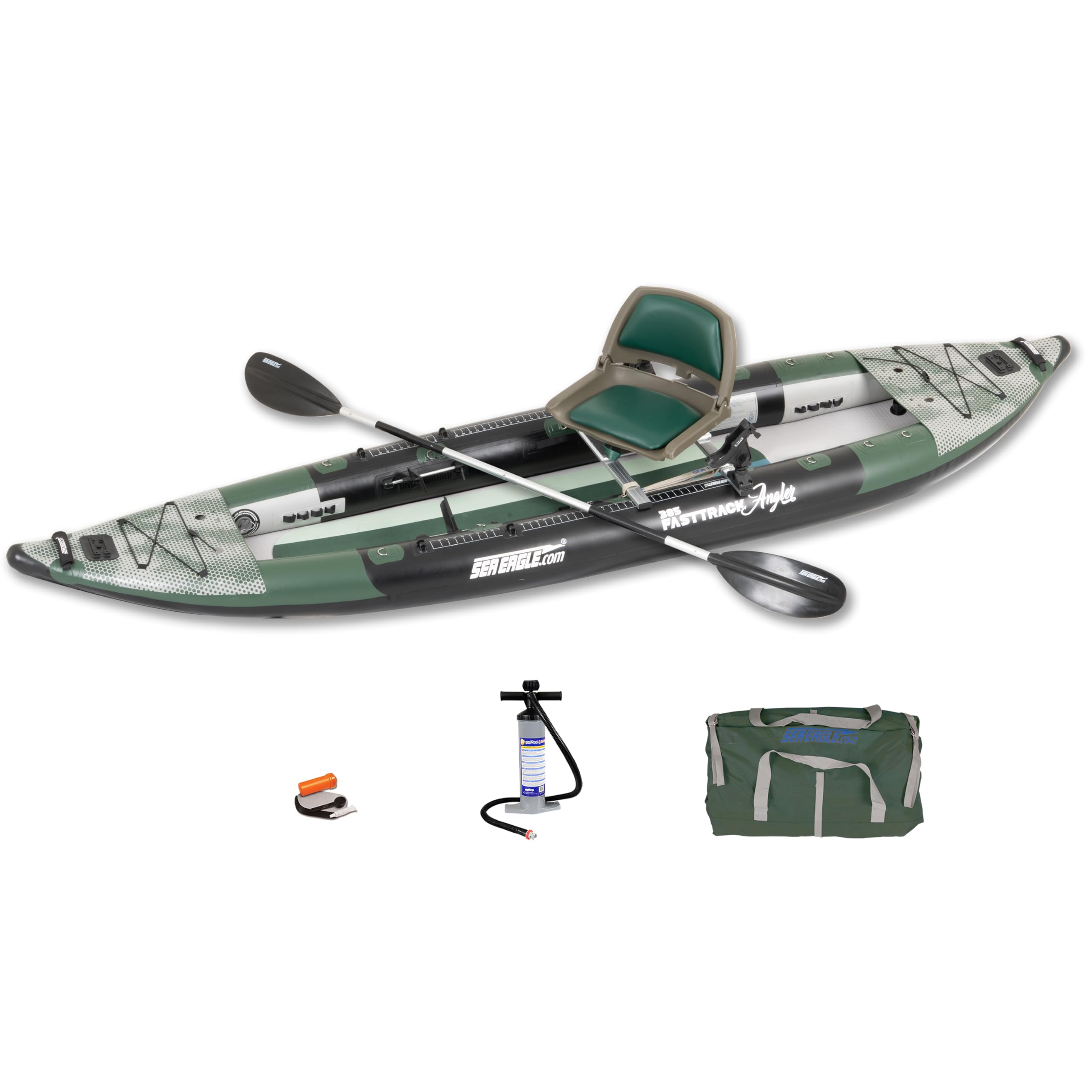 385FTA Fasttrack Angler 1–2-Person Inflatable Hunter Green Fishing Kayak-External Rigid Inflatable Keel, Rugged Hull Material, Non-Slip Padded Floor,