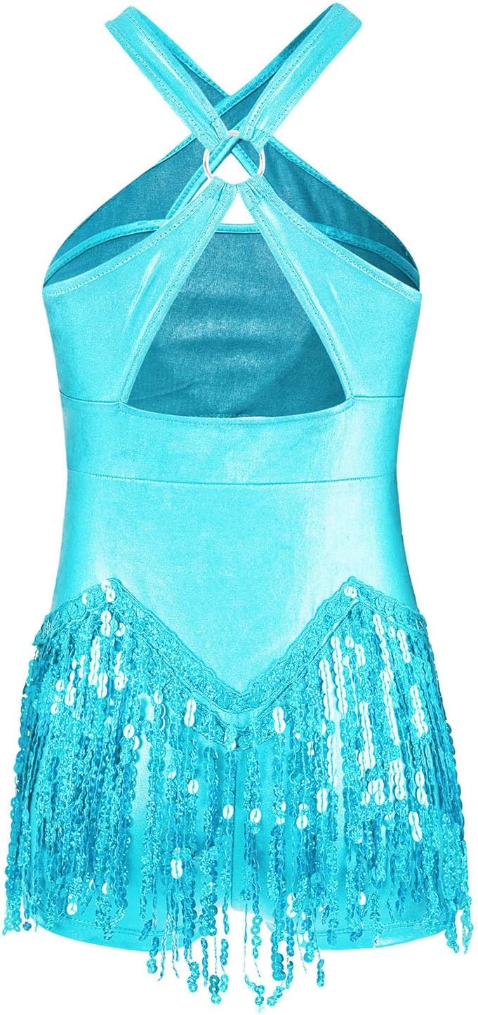 JEYPINMI Girl's Tassel Hem Latin Dance Dress Leotard Sequin Modern Jazz Ballroom Costume Gymnastic Tutu Skirt Sky Blue 14 Years