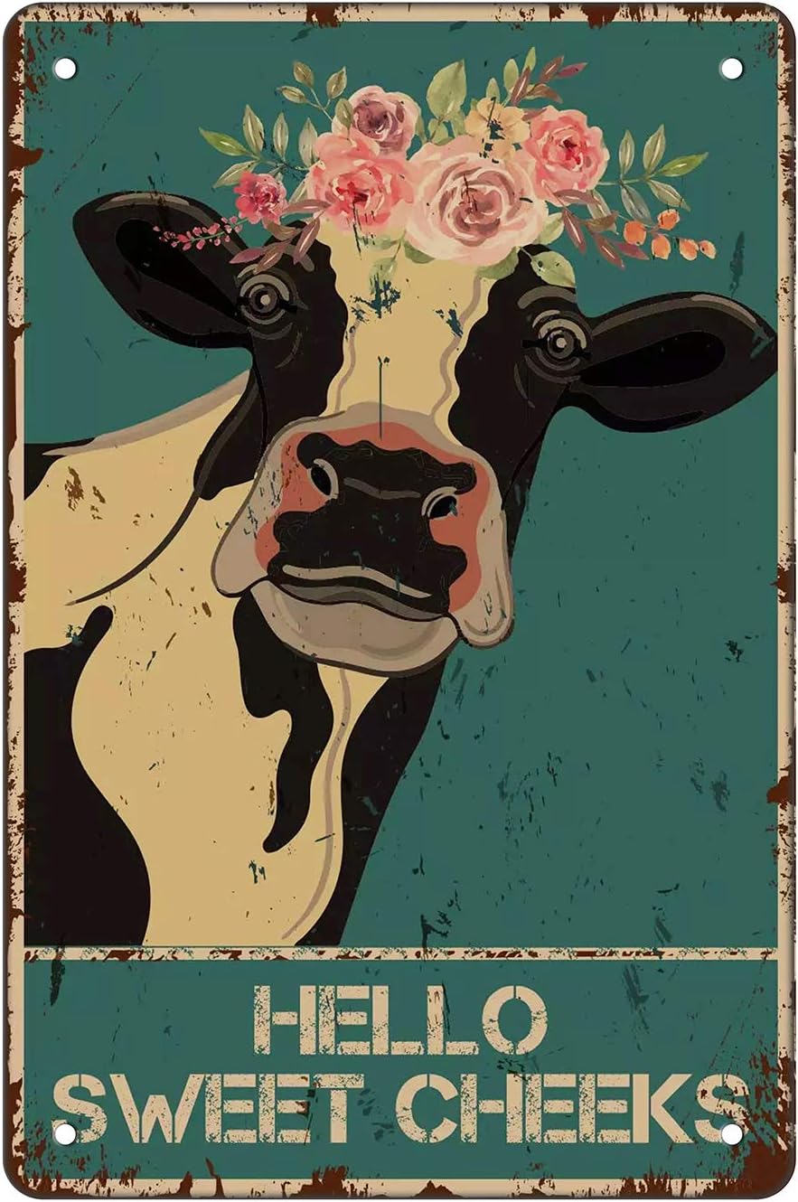 Funny Bathroom Quote Retro Metal Tin Sign Wall Decor - Hello Sweet Cheeks - Vintage Cow Tin Sign for Home Office Toilet Classroom Decor Best Farmhouse Decor Gift Ideas for Women Men Friends 8x12 Inch?
