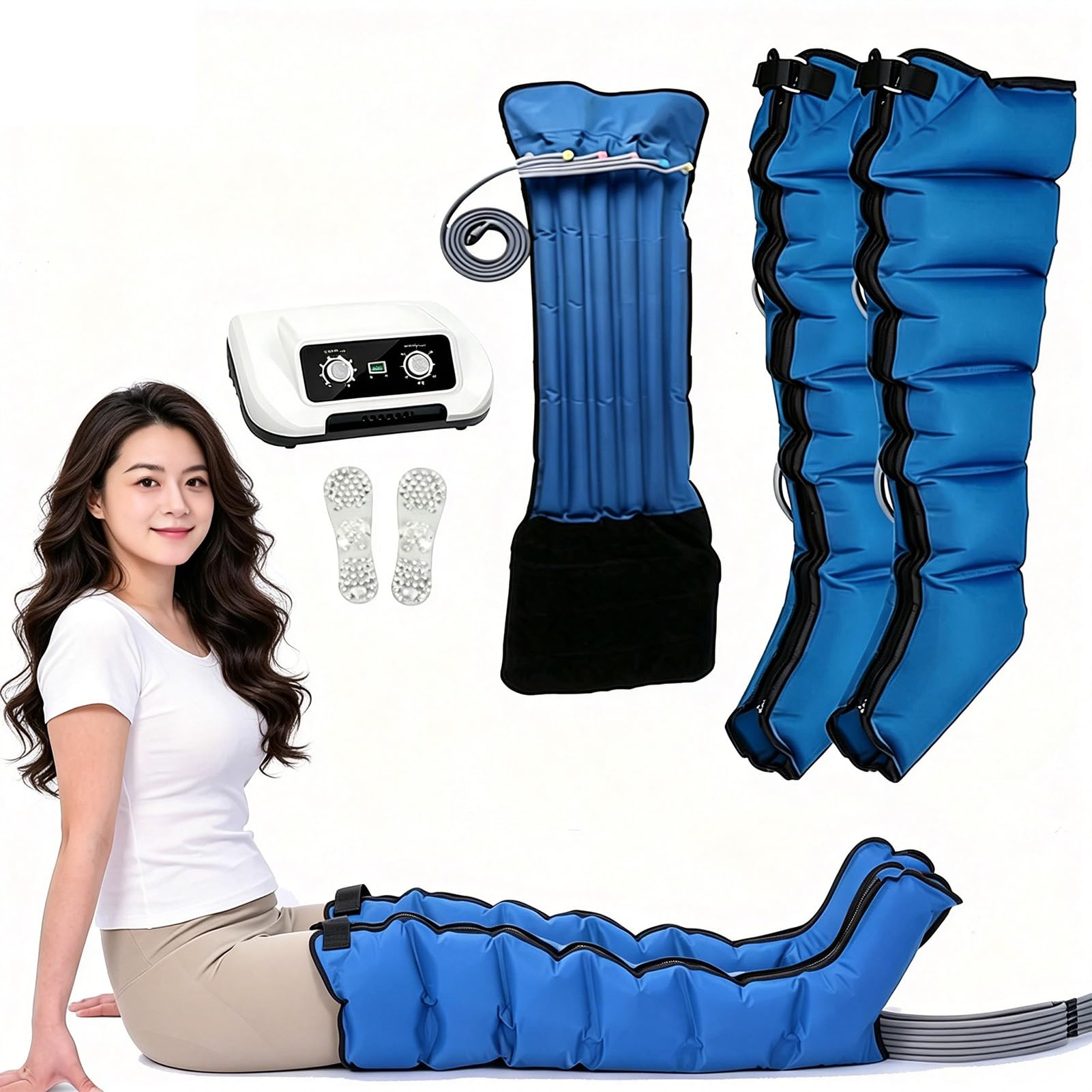 Botas de Presoterapia para Casa, Máquina Presoterapia Cuerpo Completo de 6 Cámaras, Tiempo 0-30 Min y Presión Ajustable 0-240mmHg, Favorece Relajación Total y Alivia Hinchazón y Fatiga Muscular