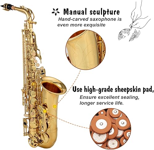 Miniatura 2 de Aisiweier Gold E - Saxofón alto plano de latón grabado Eb E-Flat blanco natural, botón de carcasa con cepillo para cinturón