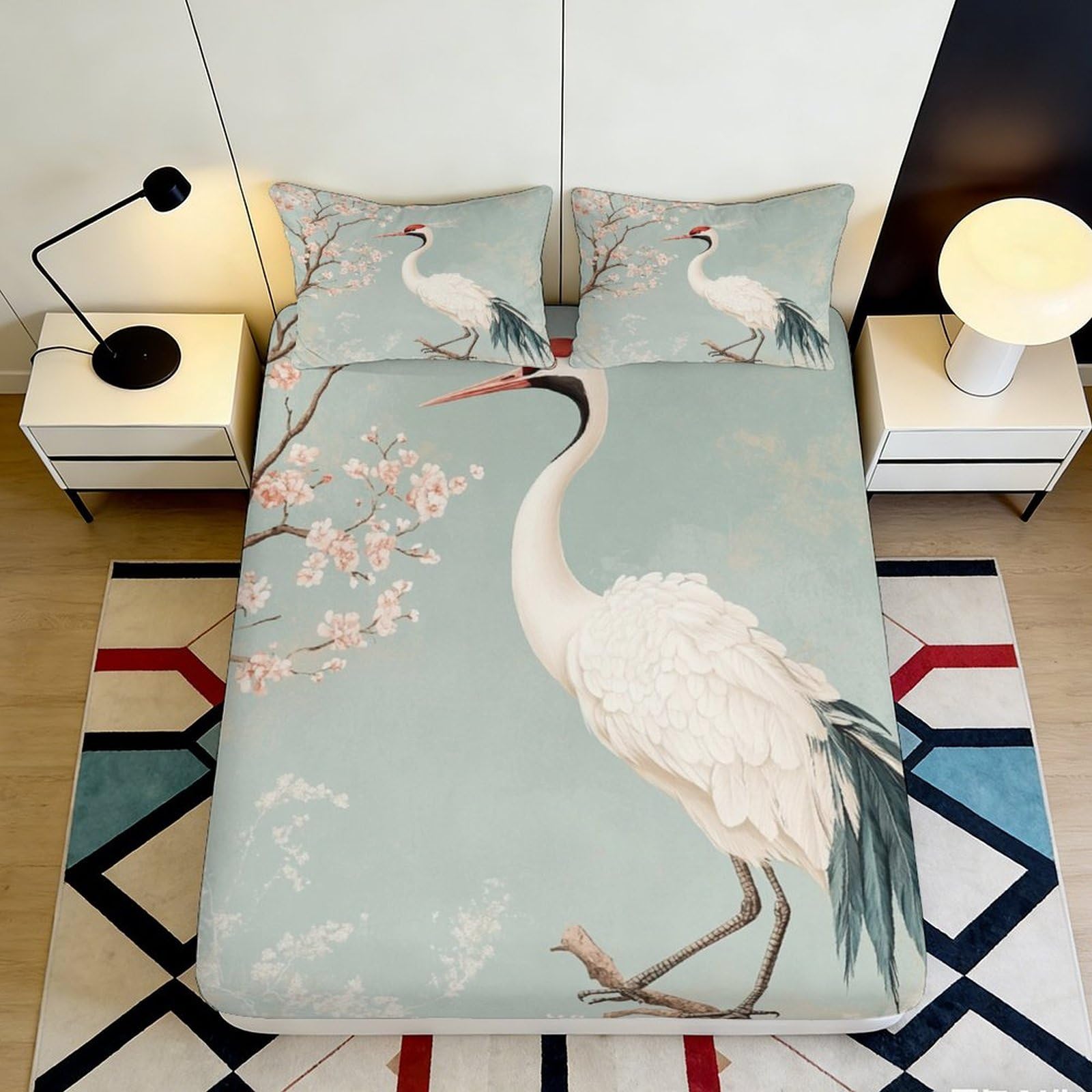 3D Printed Crane Blossom Fitted Sheet Microfiber Soft Breathable Bird Art Mattress Cover Bedroom Dorm Decor 90x200x25cm