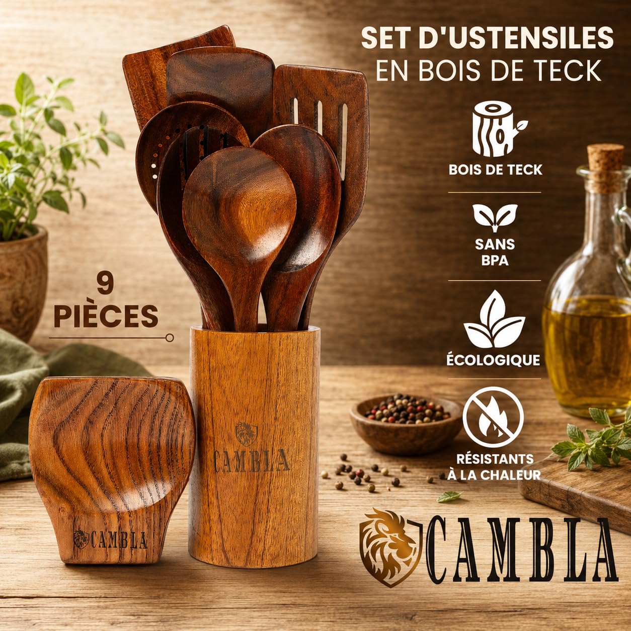 Ustensiles de cuisine en bois - 9 pièces - Bois de teck - Anti-rayures - Set de spatules et cuillères de cuisine - Poignée confortable pour poêles antiadhésives - CAMBLA