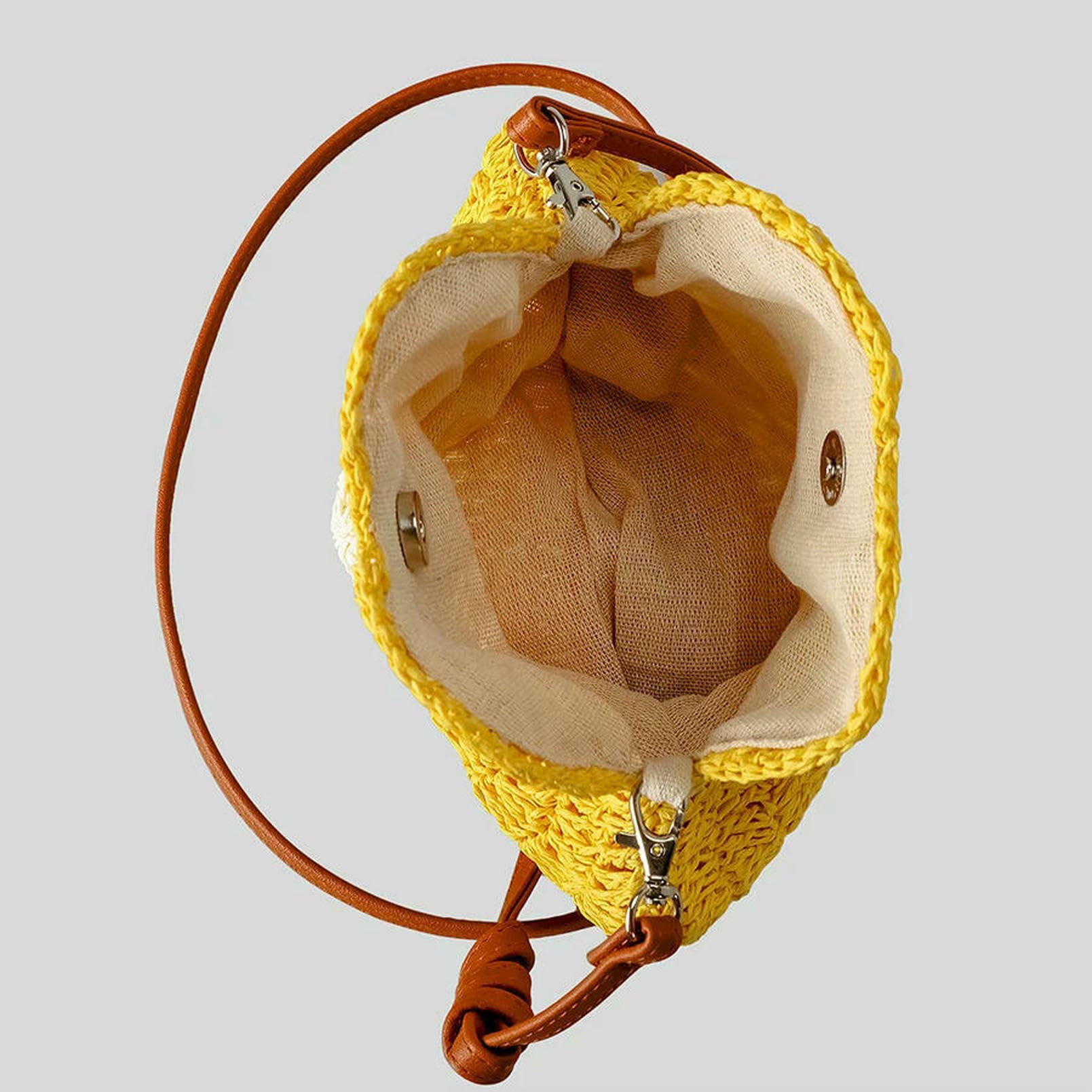 Borsa a Mano Donna Design di Fiori Carini da Sagni per Spalle Spalline Intrecciate Sacca Spiaggia Estiva Rotonda Shopper Borse-Giallo