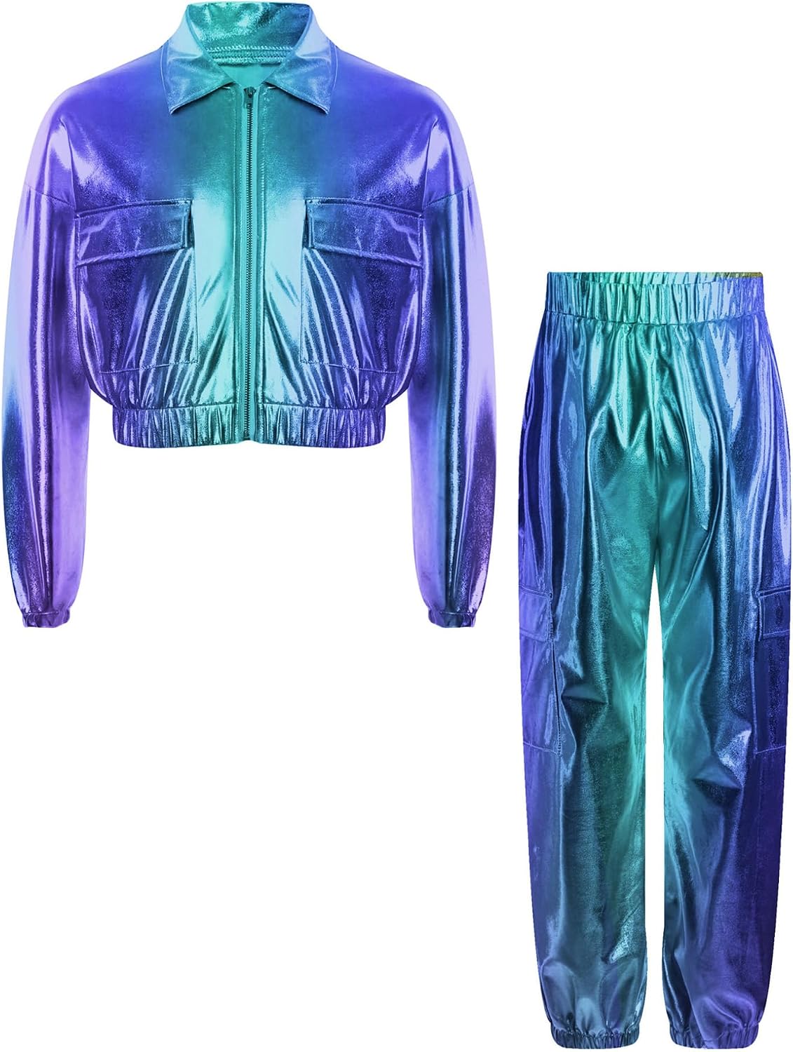 Freebily Kids Girls Metallic Dance Outfit Sparkly Jacket and Jogger Cargo Pants Shiny 2 Piece Jazz Hip Hop Dancewear