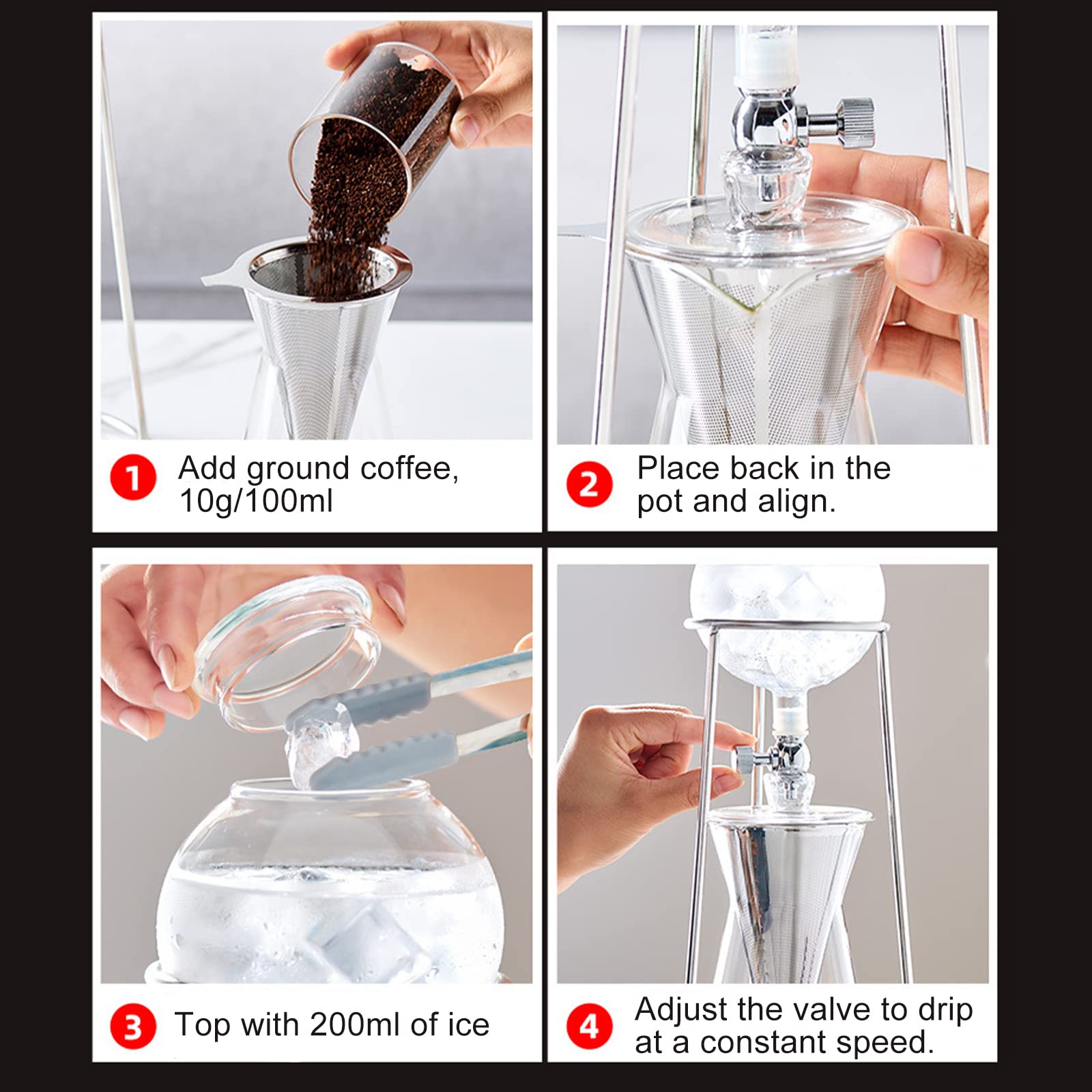 Drip Tower, caffettiera riutilizzabile, in vetro trasparente, con supporto in acciaio inox trasparente, 600 ml