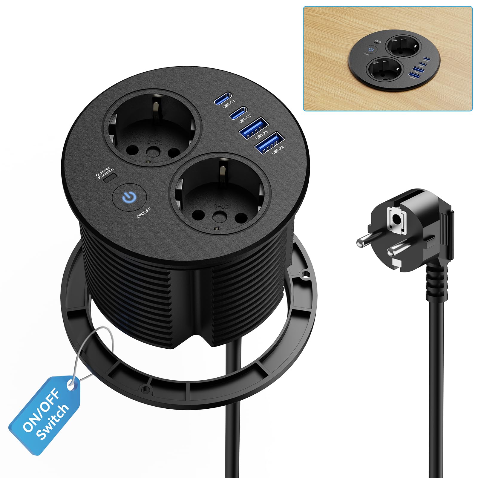 Alpheus Einbausteckdose mit Schalter, 2 Schuko, USB-C PD 20W, Ø100 mm | Einbau Steckdosenleiste, Tischsteckdose mit 4 USB, Arbeitsplatte Schreibtisch, Schwarz, 1,8 m Kabel