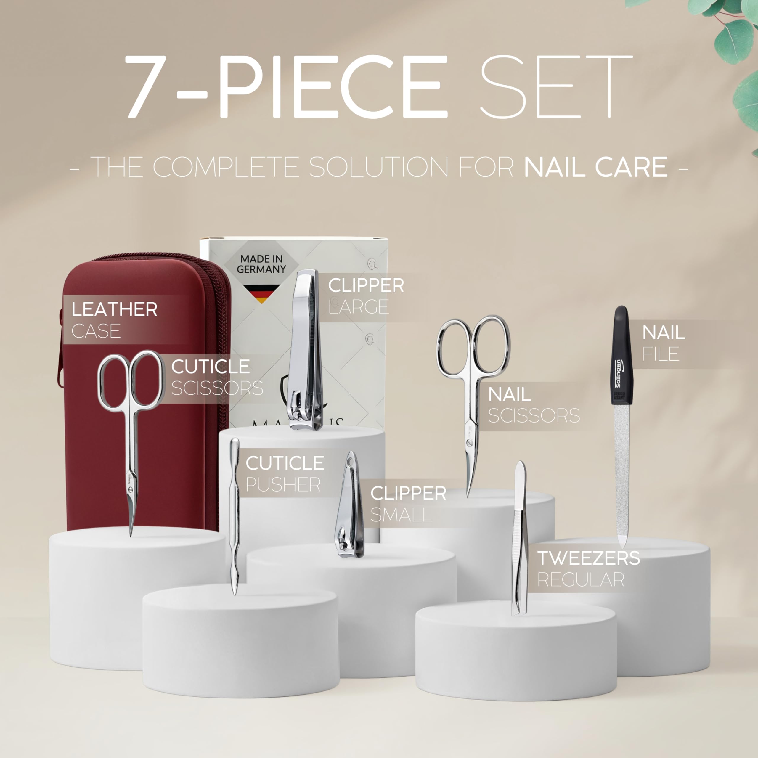 marQus kit manucure pédicure 7 pièces de Solingen - set de manucure professionnel en cuir complet, 2 coupe-ongles, lime à ongles Solingen, pince à épiler, 2 ciseaux, pousse-cuticule