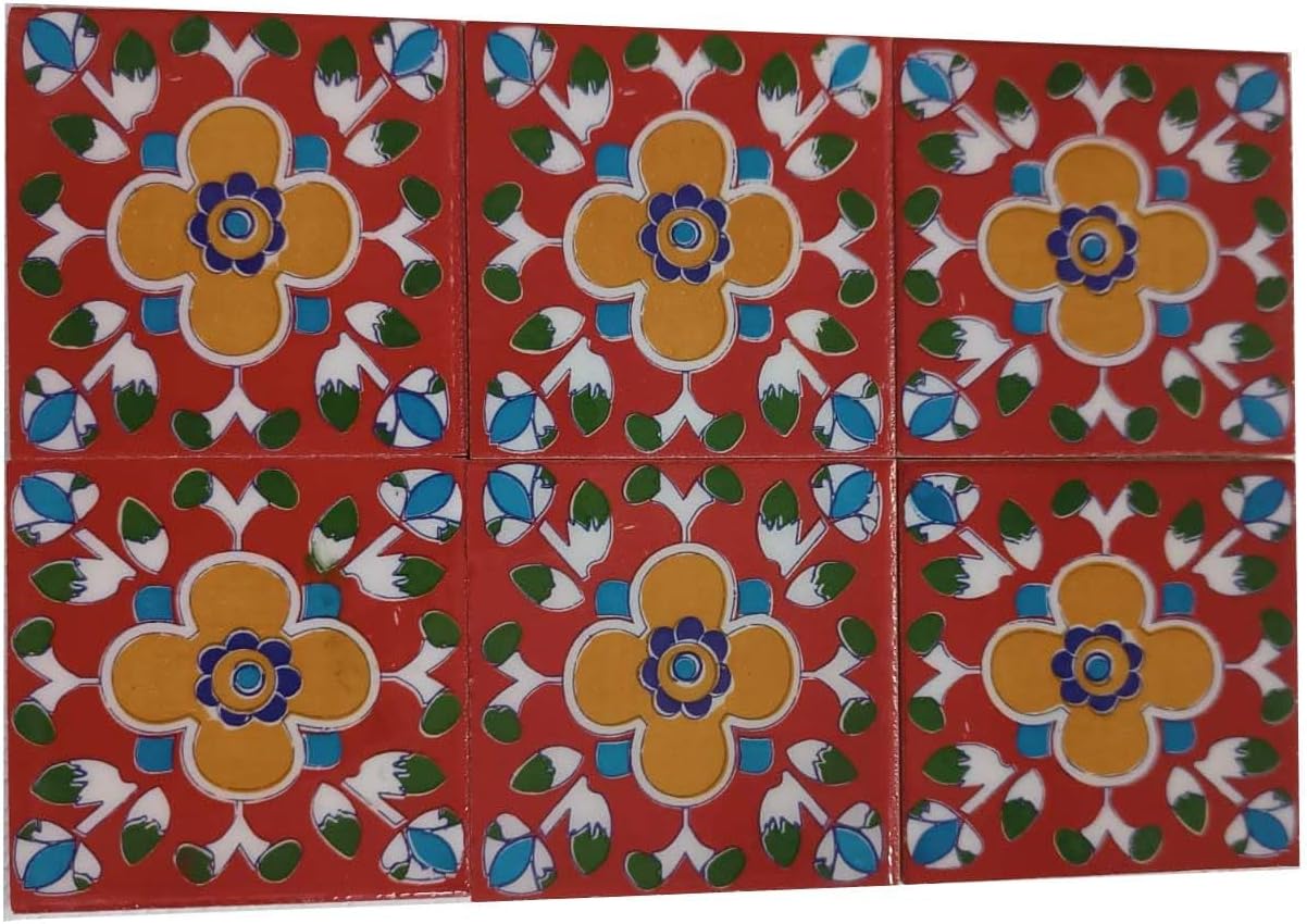Shiv Kripa Blue Pottery Home Decorative Ceramic Wall Hanging Tile Design Flooring Tiles Floral Kitchen Washroom Mosaic Furniture Tile Handmade Backsplash 3 x 3 Inches (Pack of 6, Multicolor)