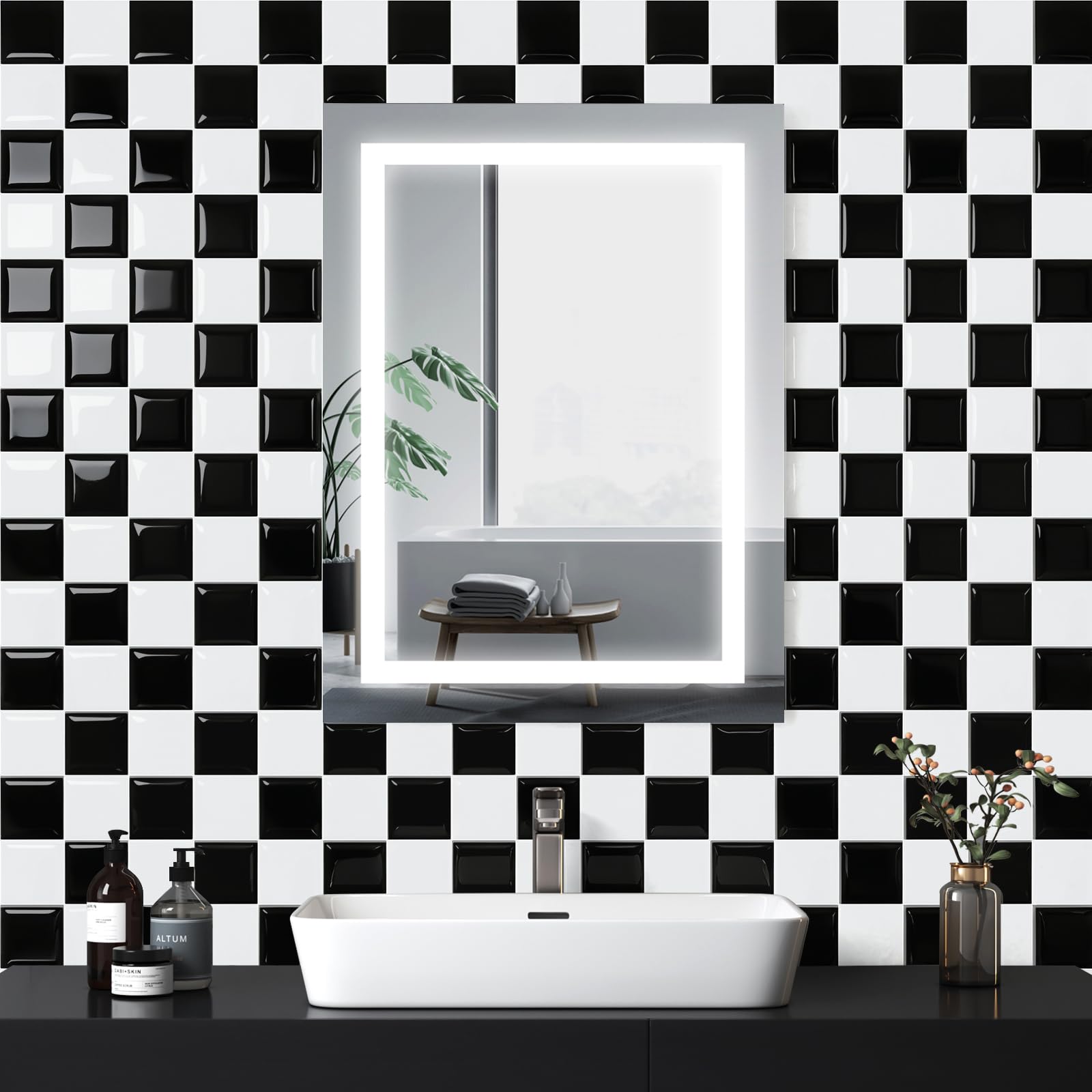 Fantasnight Stick on Wall Tiles Kitchen - 4pcs Self Adhesive Tile Stickers for Bathroom(26.5 * 26.5cm) Marble Effect Waterproof Sticky Vinyl Splashback 3D Black White