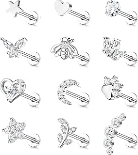 12Pcs 16G Tragus Earrings for Women Flat Back Cartilage Earring Stainless Steel Top Screw CZ Butterfly Bee Flower Moon Heart Flatback Stud Earrings Labret Conch Helix Cartilage Tragus Piercing Jewelry Set