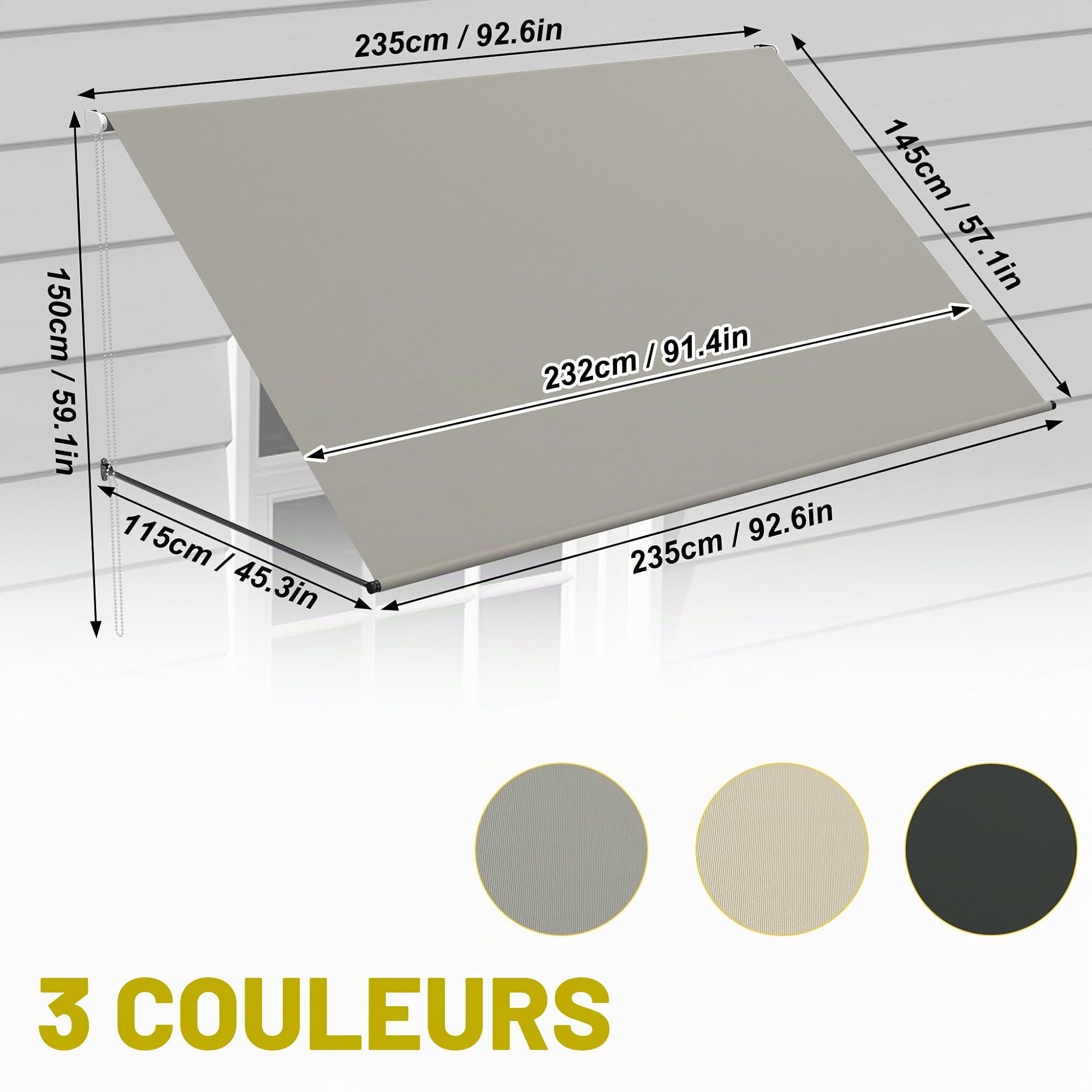 FIVMEN Store de balcon à bras articulé avec cordon et tige de support en aluminium, store enroulable de protection solaire pour fenêtre, terrasse, balcon 235x145 cm, gris