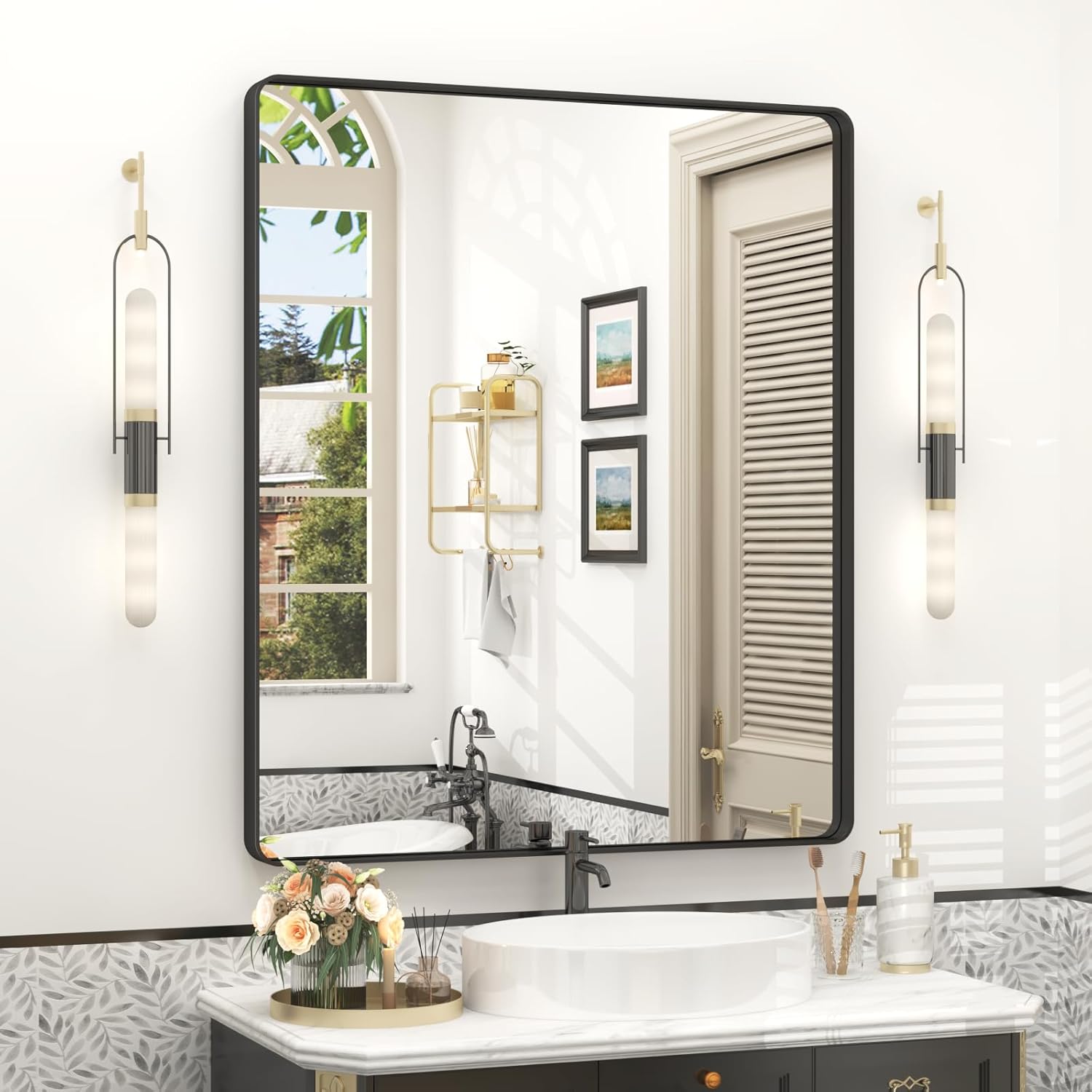 30x36 Inch Black Framed Bathroom Mirror for Wall, Matte Black Metal Mirror, Rounded Corner Rectangle Vanity Mirror, Anti-Rust, Shatterproof (Horizontal/Vertical) 36"L x 30"W Black