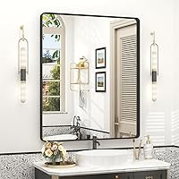 Vista 20 de Espejo rectangular para pared de baño de 20x30 pulgadas con marco negro mate, espejo de tocador con esquinas redondeadas, espejo de baño de metal