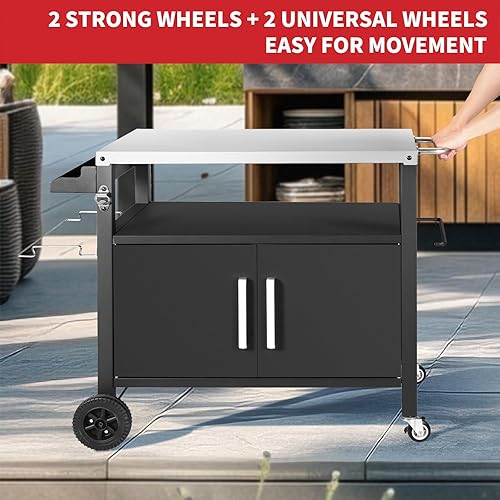 Miniatura 9 de Kendane Mesa de carrito de parrilla con tres estantes, carrito de comedor movible al aire libre, soporte para horno de pizza con tres ganchos,