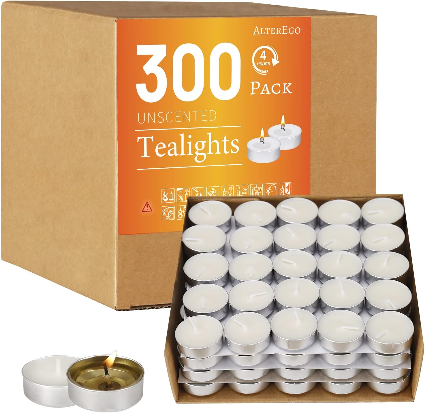 AlterEgo Unscented Tea Lights - 300 Pack Tealight Candles - 4+ Hour Burn Time - Clean-Burning White Palm Smokeless Votive Tealights Candles for Home, Shabbat & Anniversaries (300Packing)